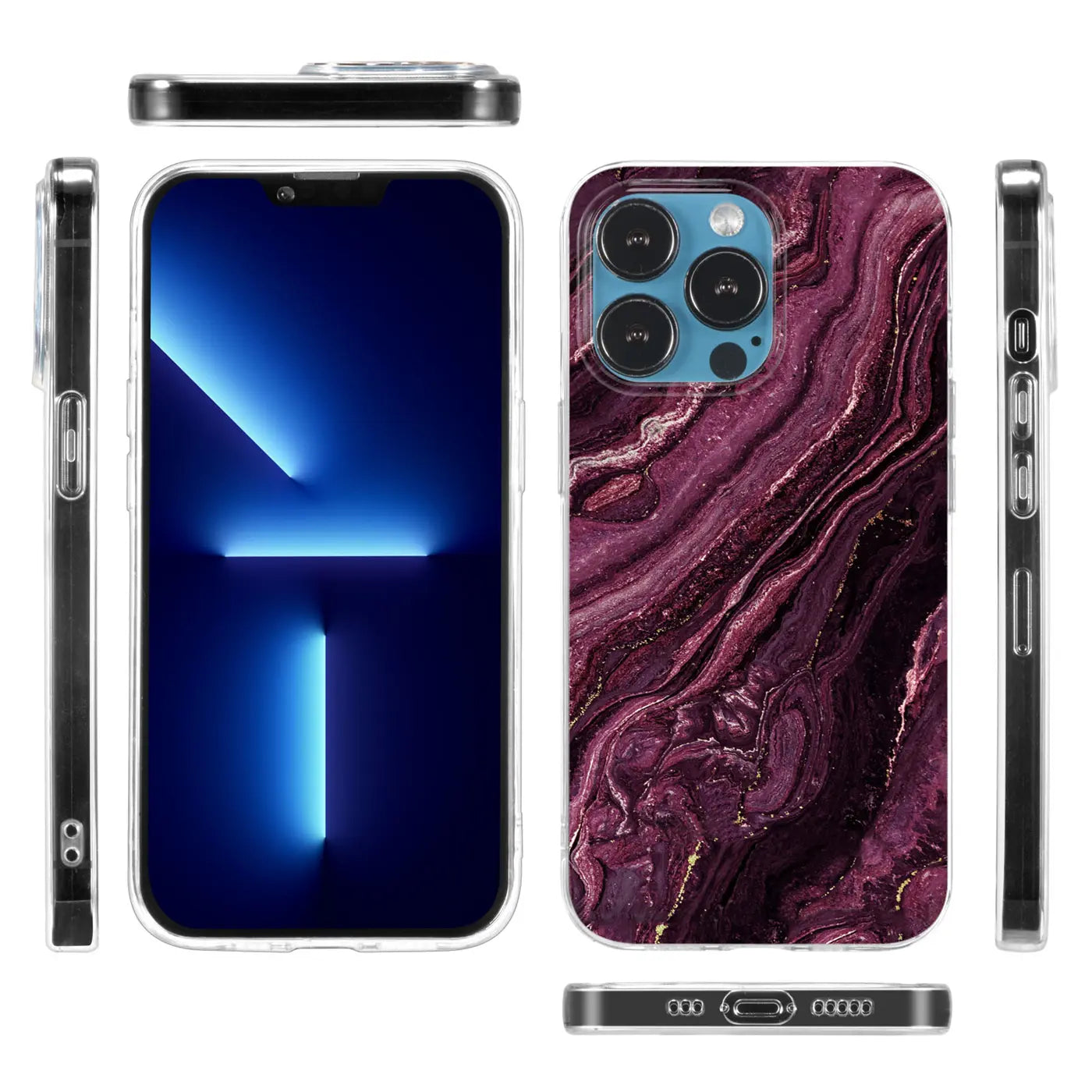 iPhone 13 Pro Max Hülle, Marmor-Design, lila, von vorne, Seite, Rückseite
