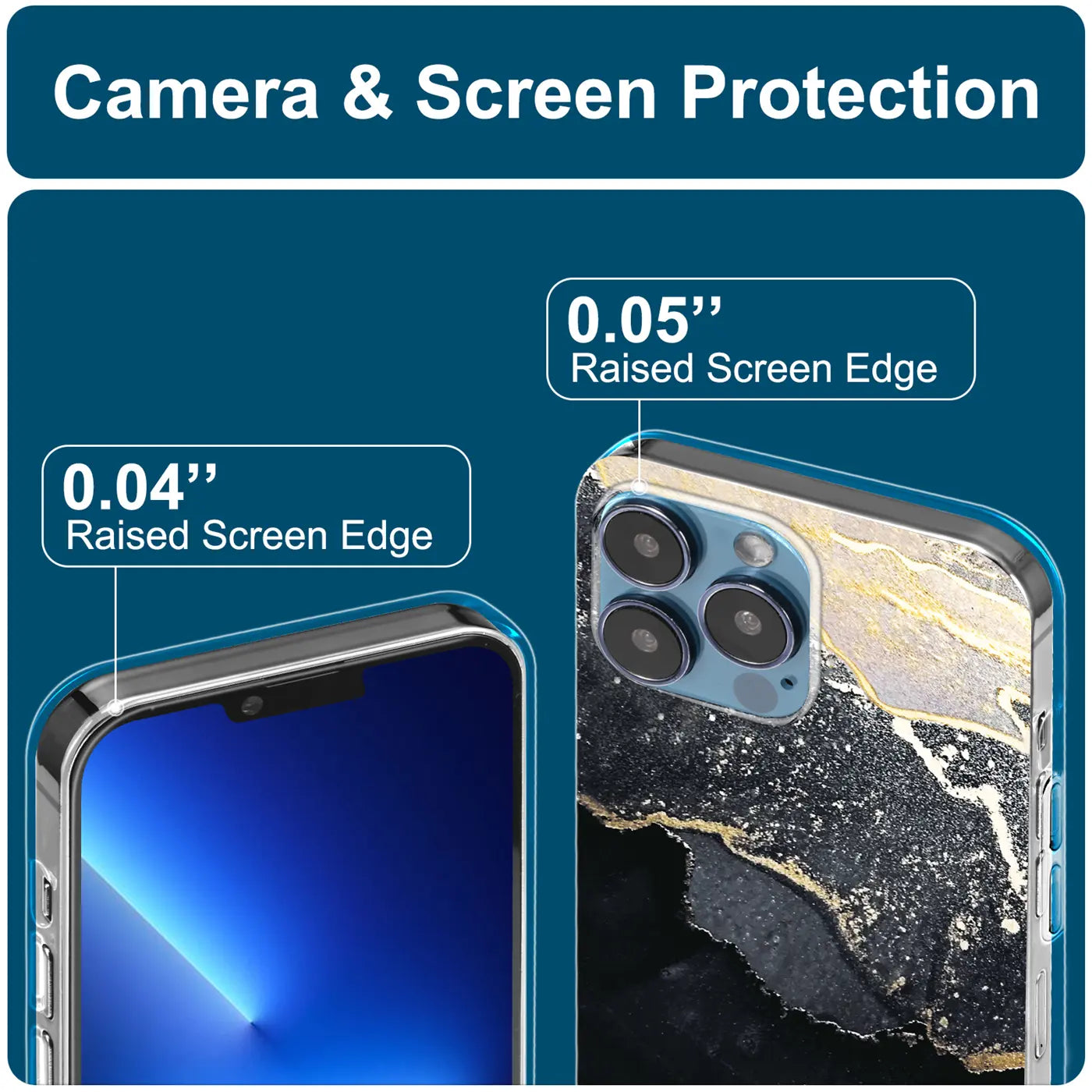 iPhone 13 Pro Max Hülle, Marmor/Sand-Design, Nahaufnahme, Rückseite & Vorderseite.
