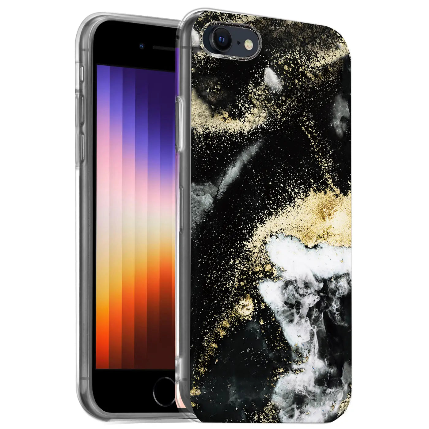 iPhone 7/8/SE mit Marmor-Sand-Hülle, schwarz/gold, von vorne links