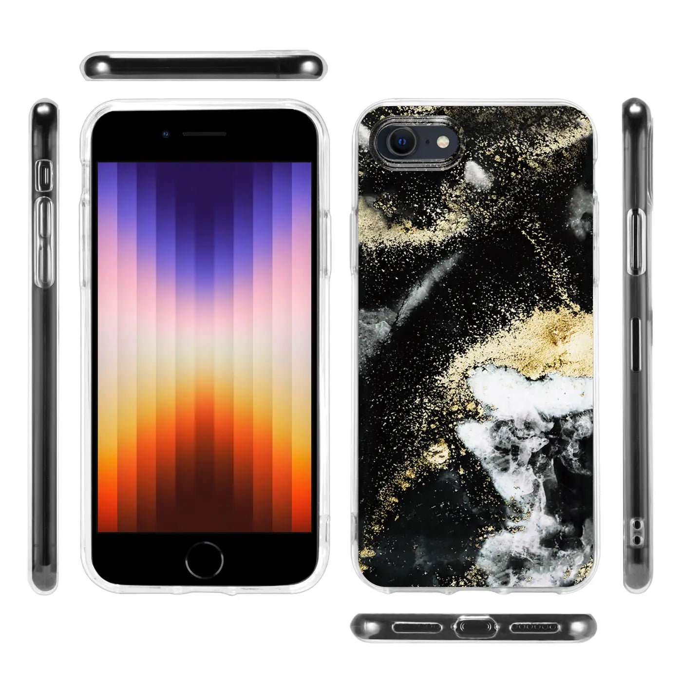 iPhone 7/8/SE Hülle, Marmor-Sand-Design, transparent, Vorder- und Rückansicht