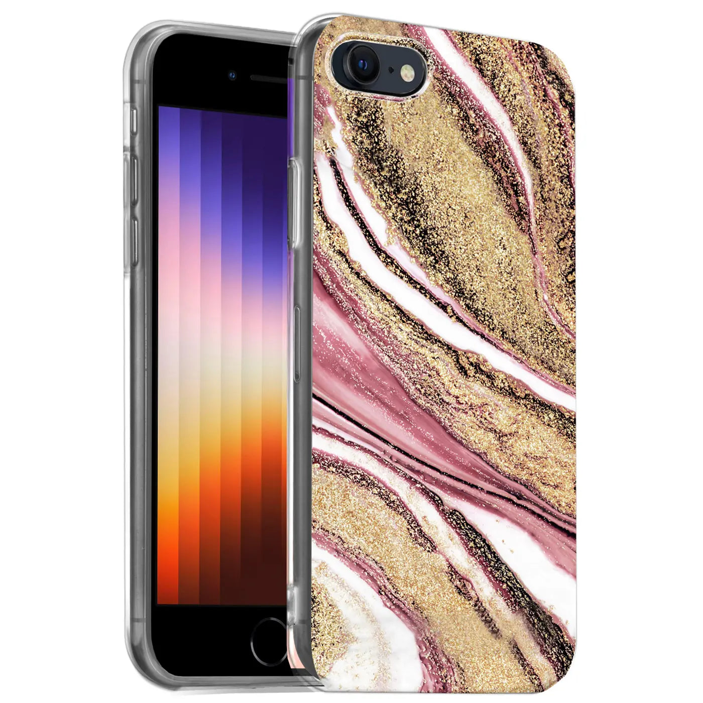 iPhone mit Marmor- & Sand-Design Hülle, rosa/gold, von vorne links, mit transparentem Rand