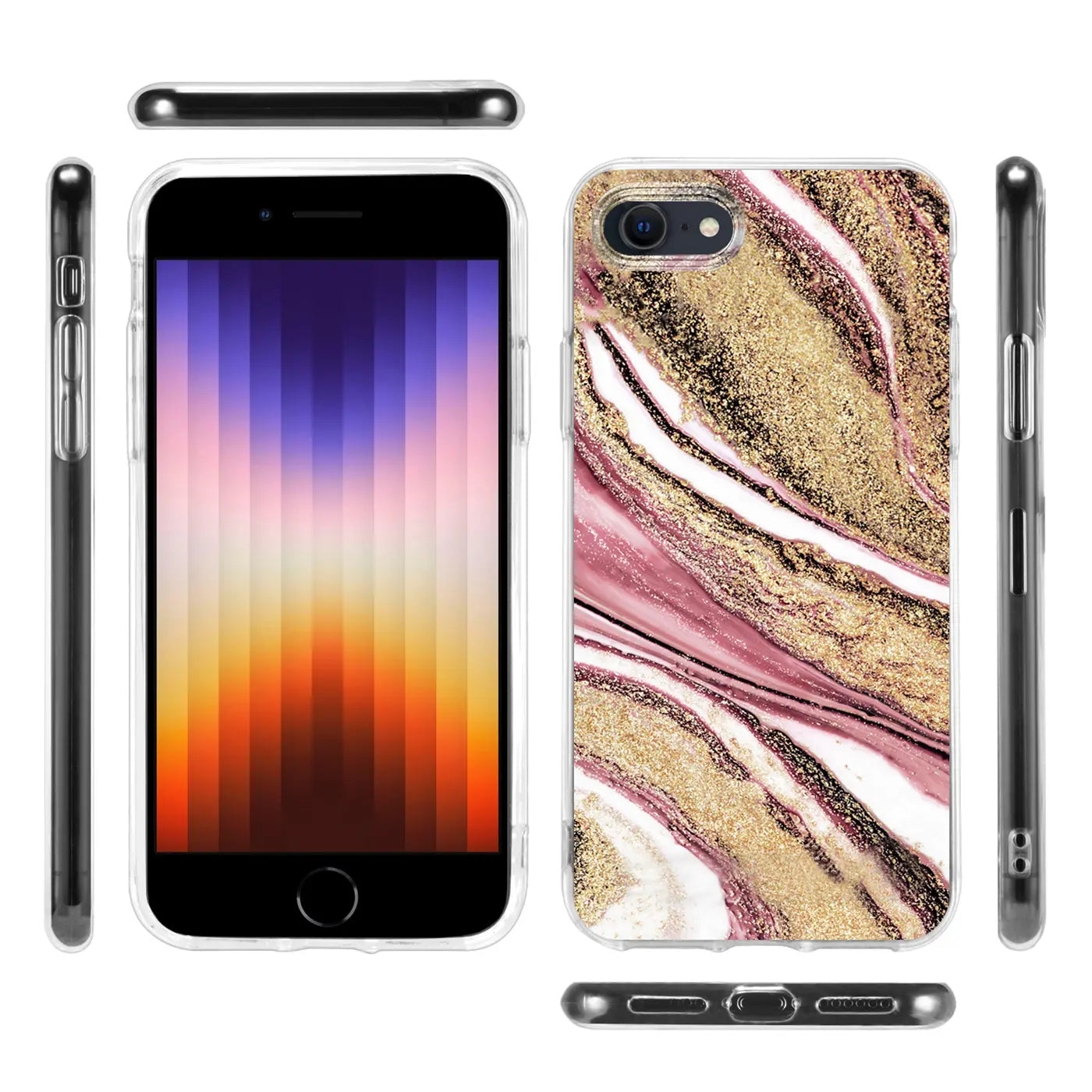 iPhone 7/8/SE Hülle, Marmor-Sand-Design, rosa/gold, klare Perspektive
