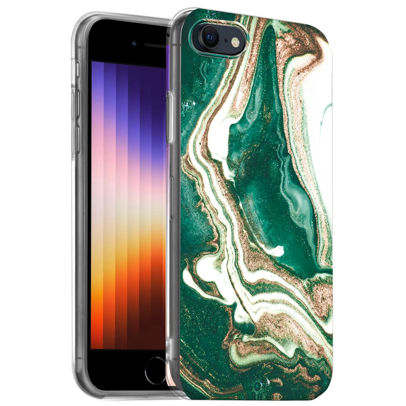 iPhone 7/8/SE Hülle, Marmor-Design, grün/gold/weiß, von vorne schräg