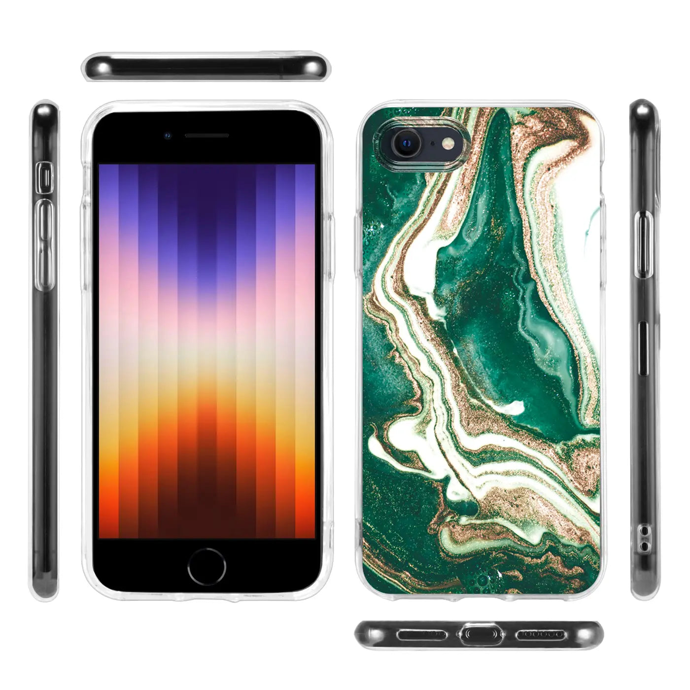 iPhone 7/8/SE Hülle, Marmor-Design, Grün/Gold, Vorder- und Rückansicht