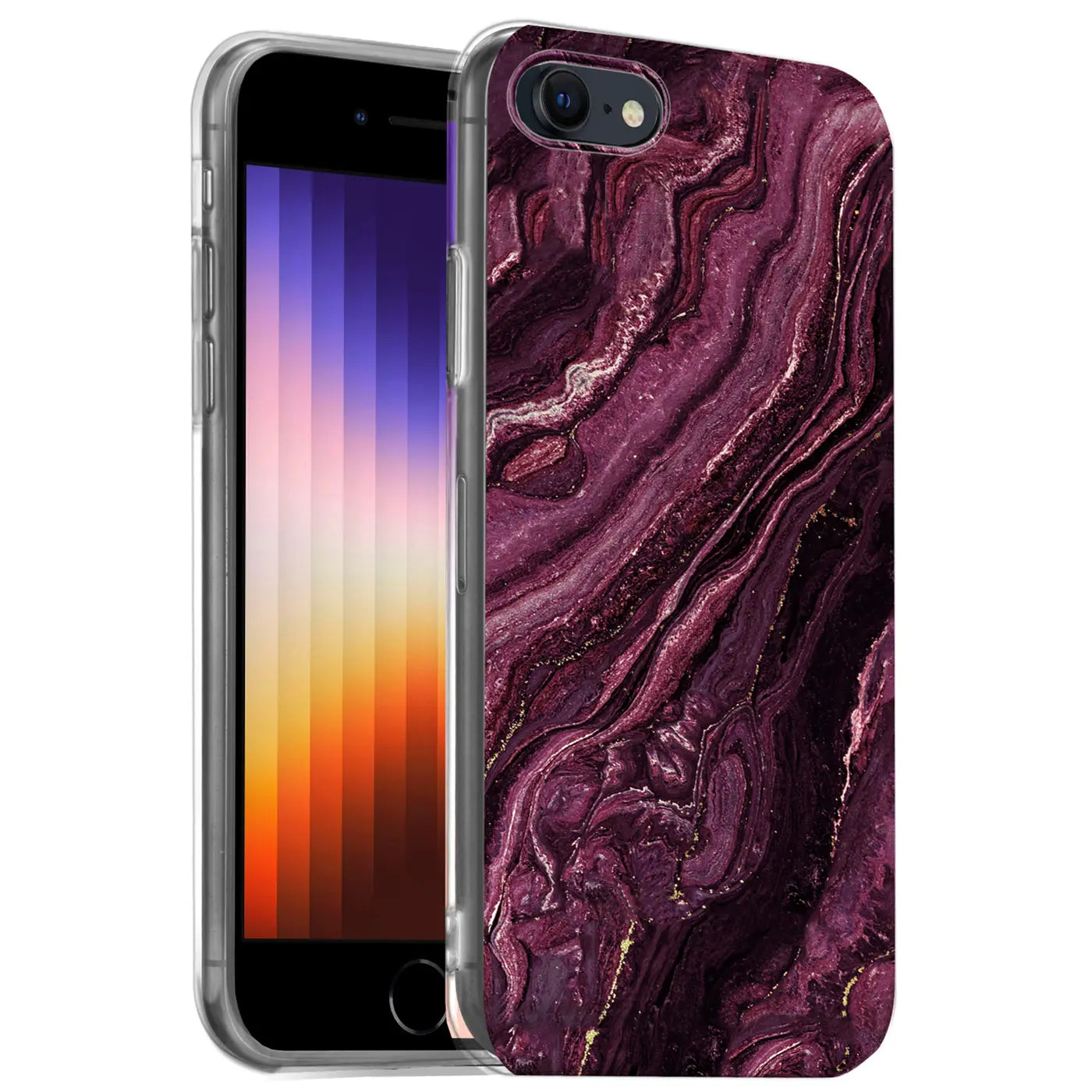 iPhone 7/8/SE mit Marmor-Hülle, lila/gold, von vorne, seitlich