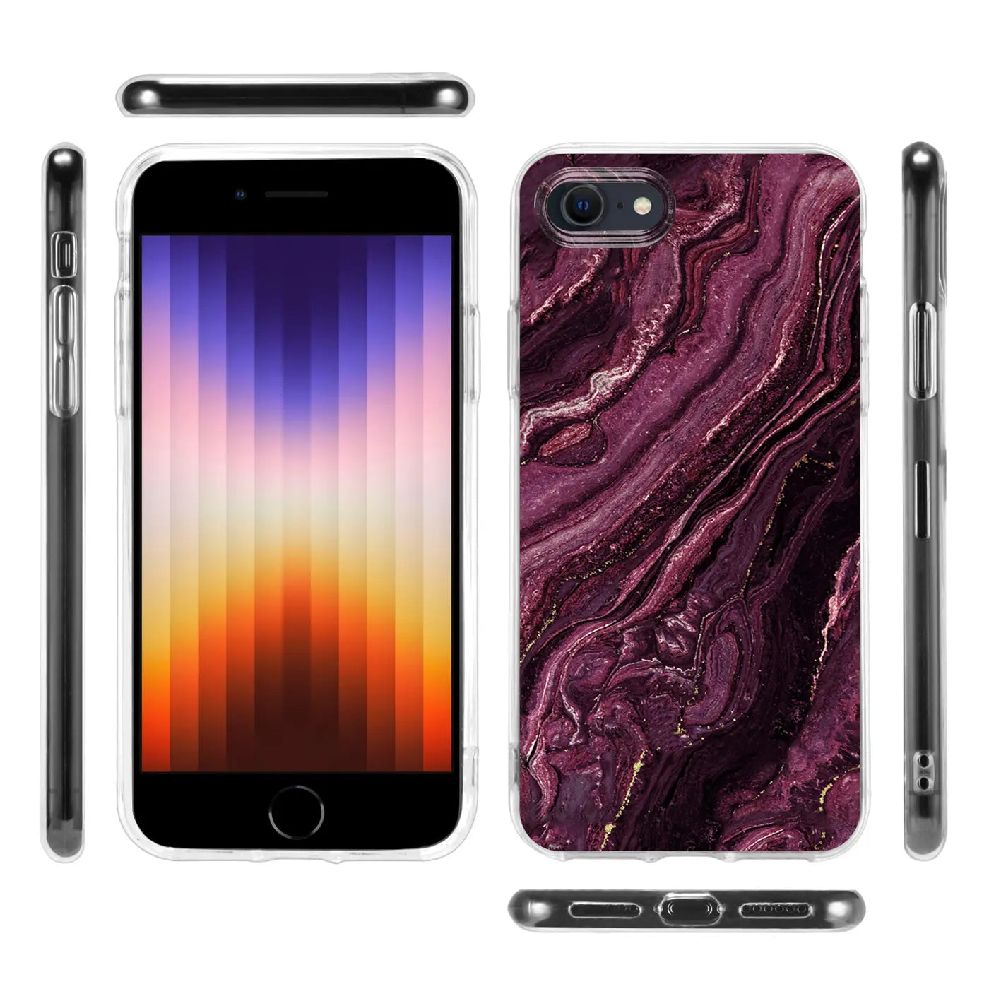 iPhone 7/8/SE Hülle, Marmor-Muster, lila, transparent, Vorder- und Rückansicht