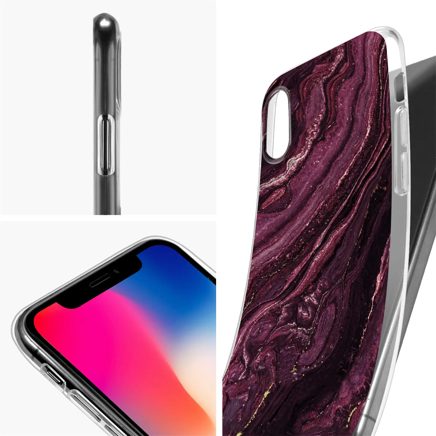 iPhone-Hülle, Marmor-Design, lila/gold, transparent, Nahaufnahme