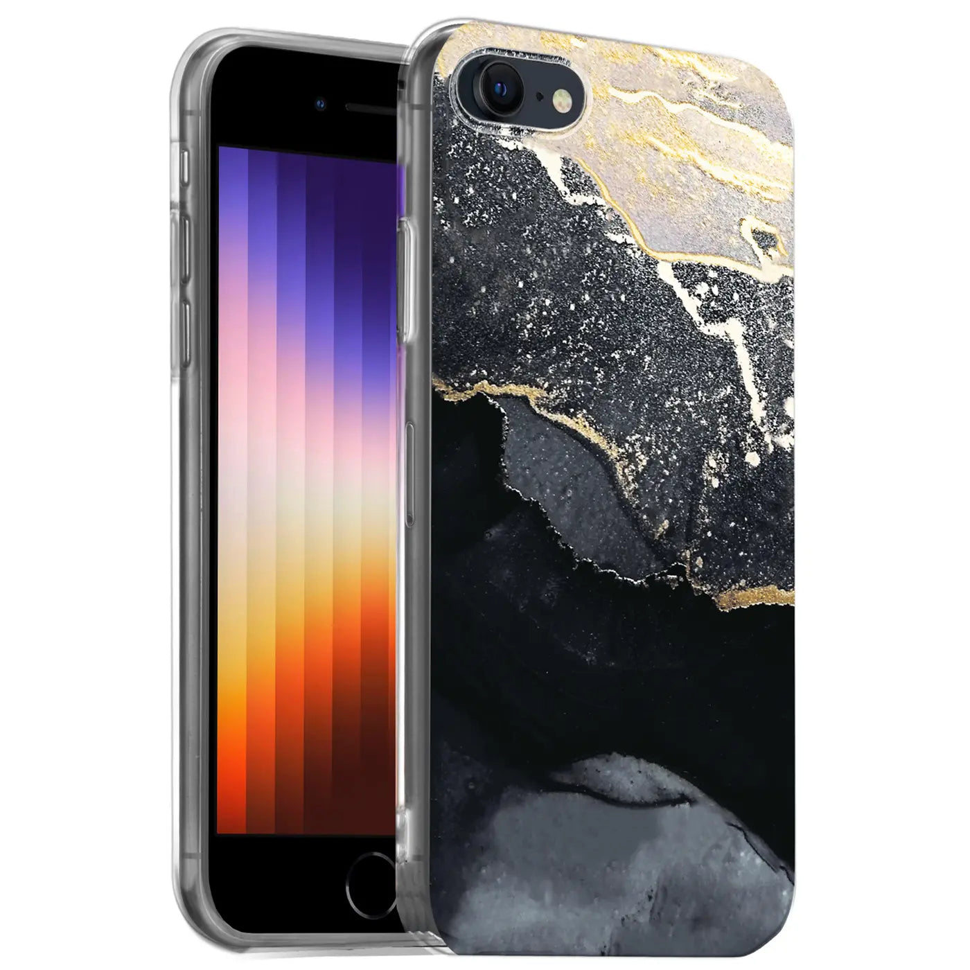 iPhone 7/8/SE Hülle, Marmor/Sand-Design, schwarz/gold, transparente Rückseite, von vorne