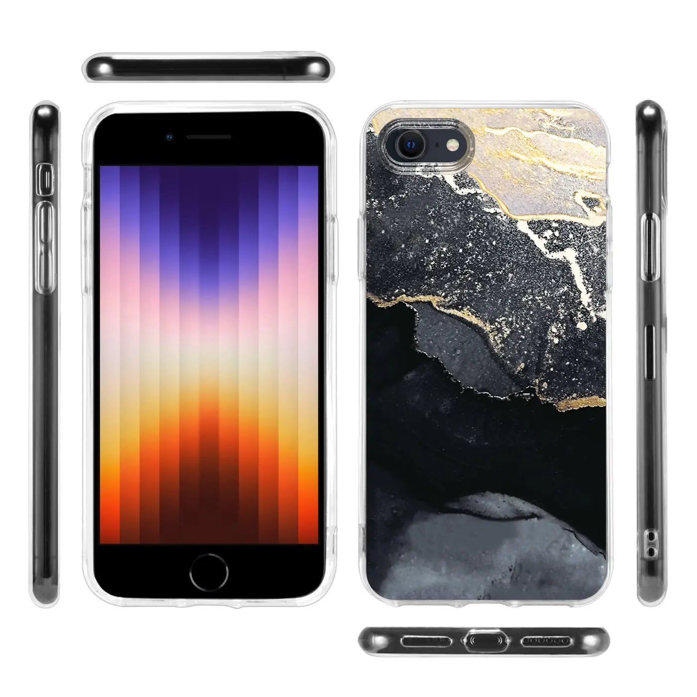 iPhone 7/8/SE Hülle, Marmor-Sand-Design, schwarz/gold, klare Rückseite, verschiedene Ansichten