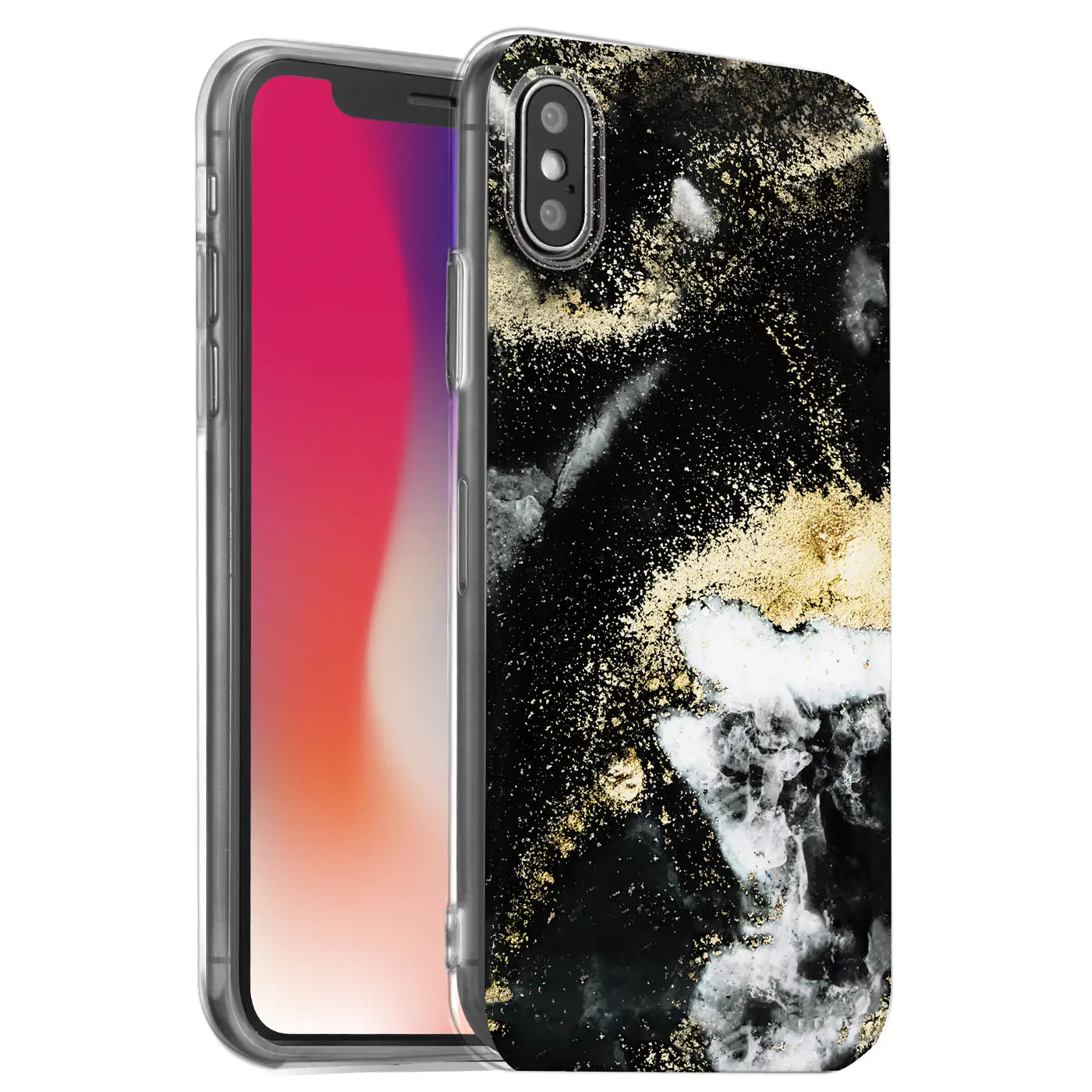iPhone X/XS Hülle, Marmor-Sand-Design, schwarz/gold/weiß, von vorne links