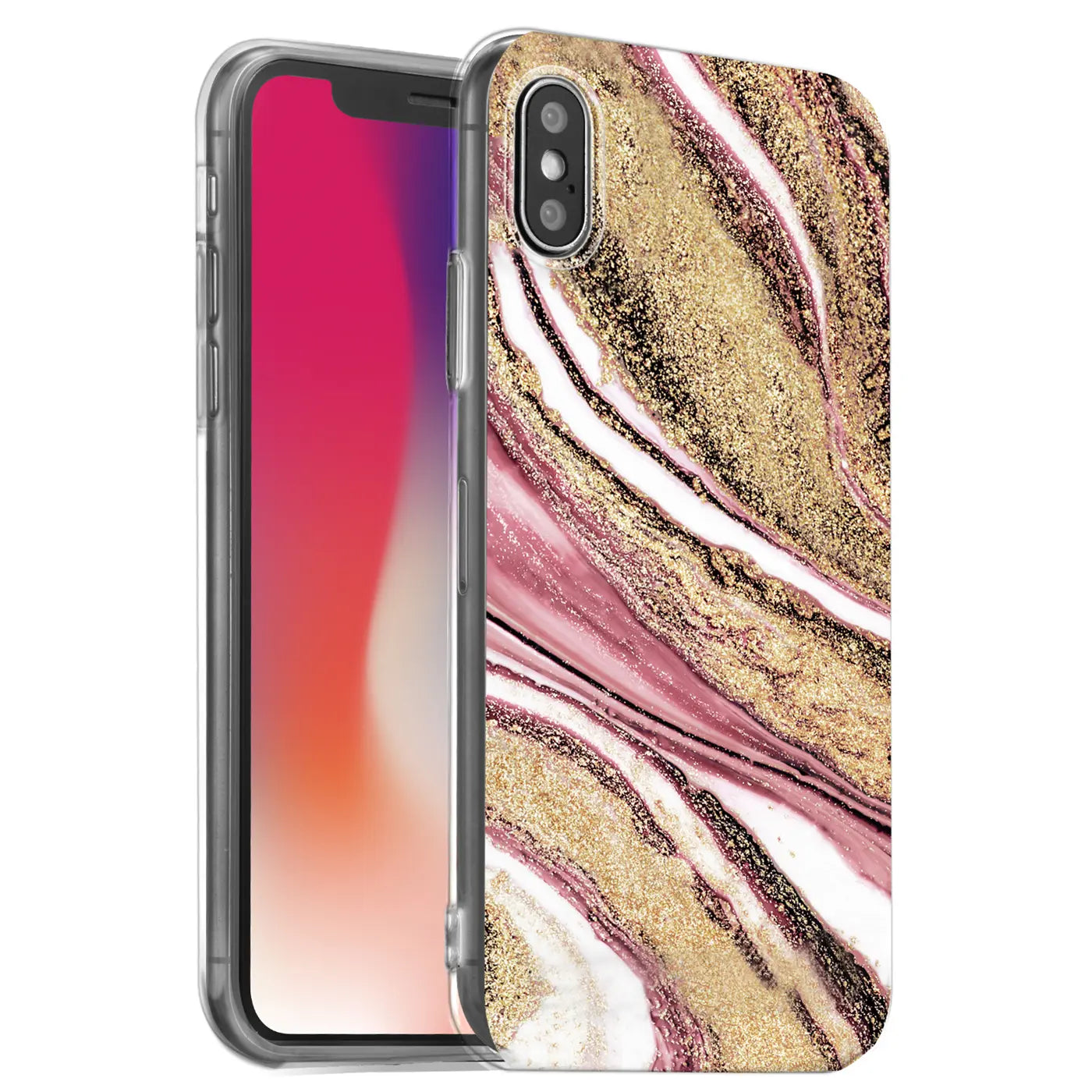 iPhone X/XS Hülle in Marmor-Sand-Design, pink/gold, von schräg vorn