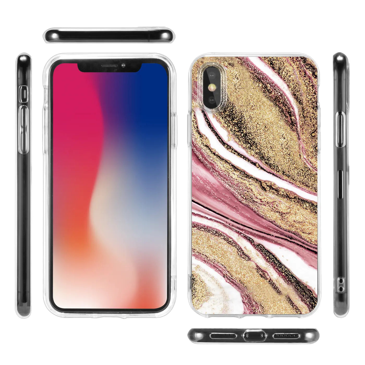 iPhone X/XS Hülle, Marmor-Design, Rosa/Gold, von vorne und Seite