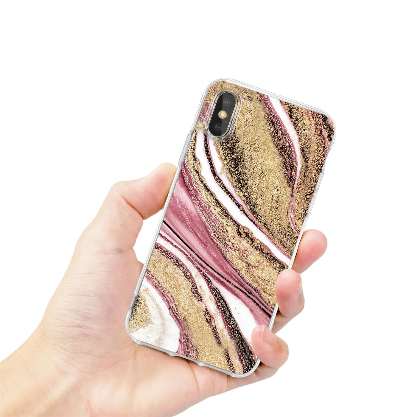 Hand hält iPhone X/XS mit Marmor-Design Hülle, rosa/gold, von vorne