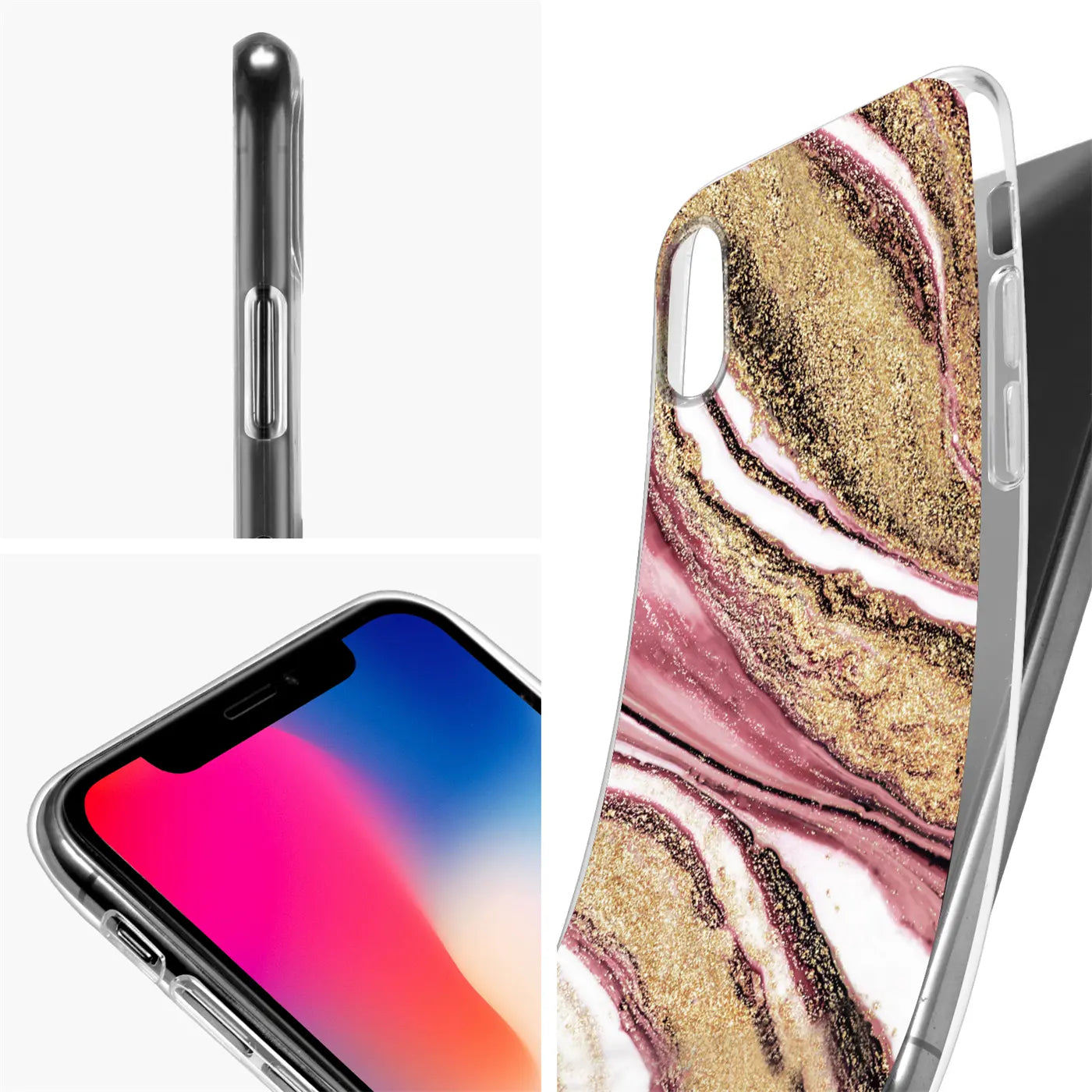 iPhone X/XS Hülle, Marmor-Muster, Rosa/Gold, klare Perspektive