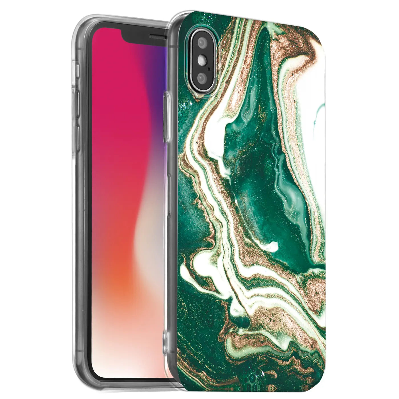 iPhone X/XS Hülle, Marmor-Design, Grün/Gold/Weiß, von vorne schräg