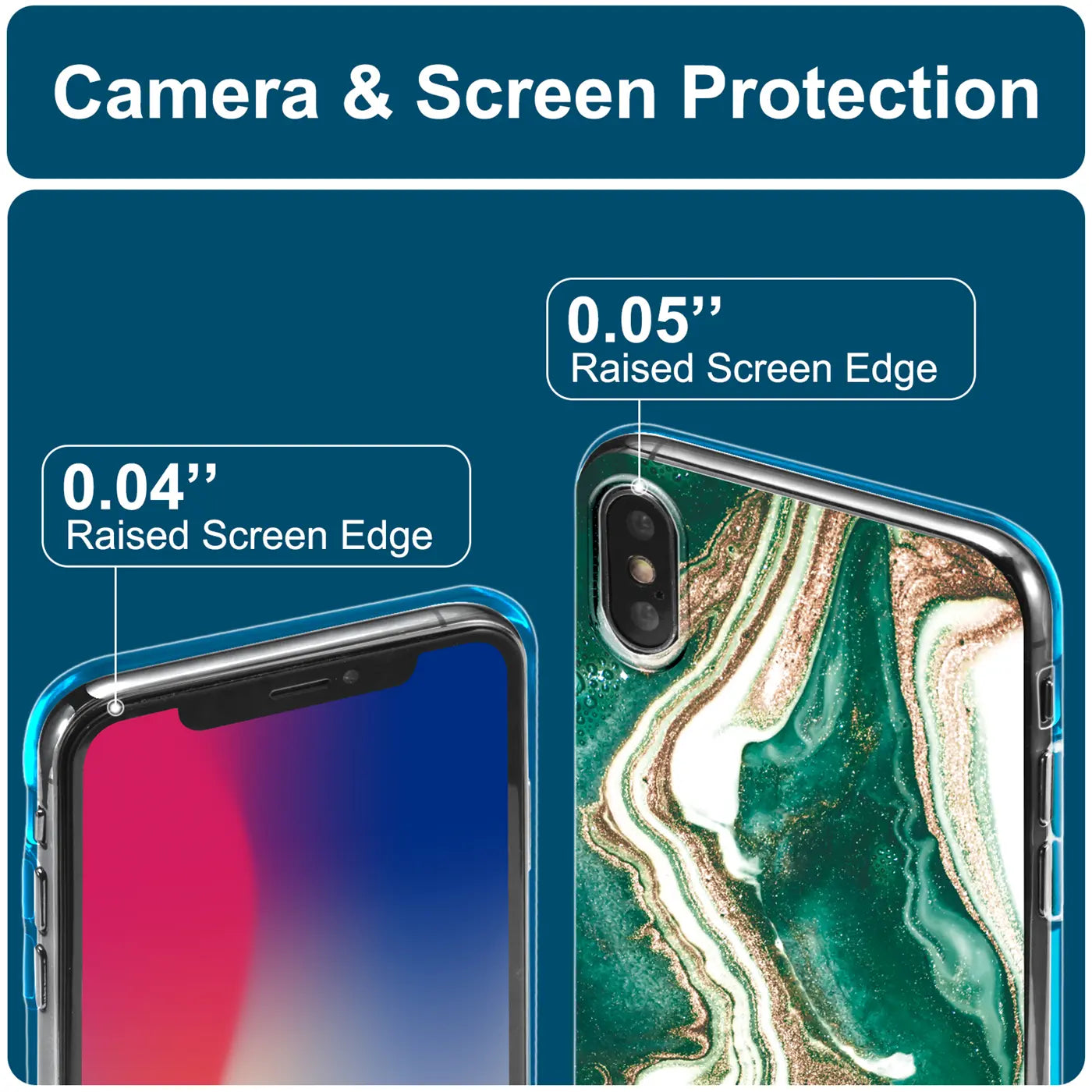 iPhone X/XS Hülle, Marmor-Design, Grün/Gold, Nahaufnahme, Rückseite und Displayrand