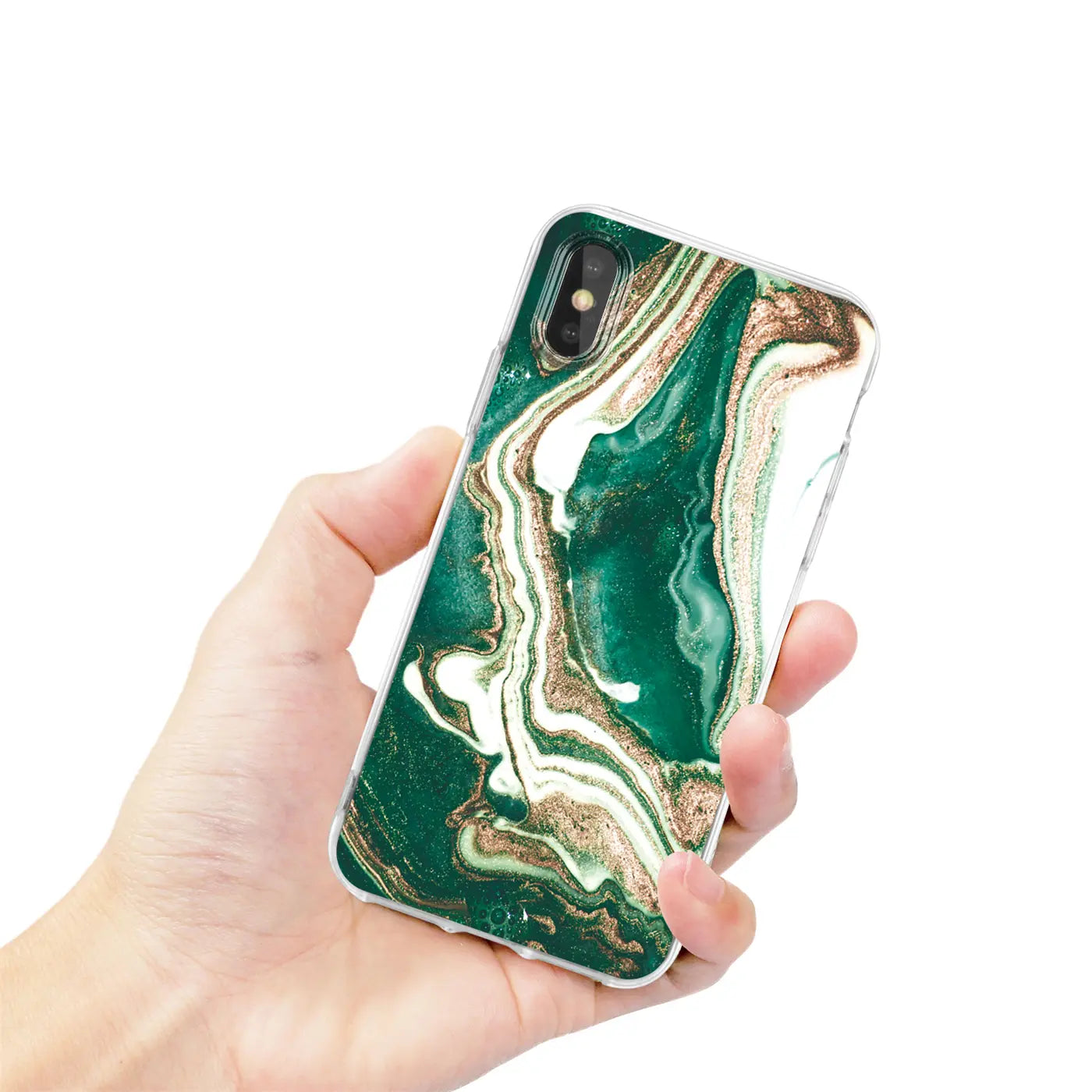 iPhone X/XS Hülle mit Marmor-Design in Grün, Weiß, Gold. Von vorne gehalten.