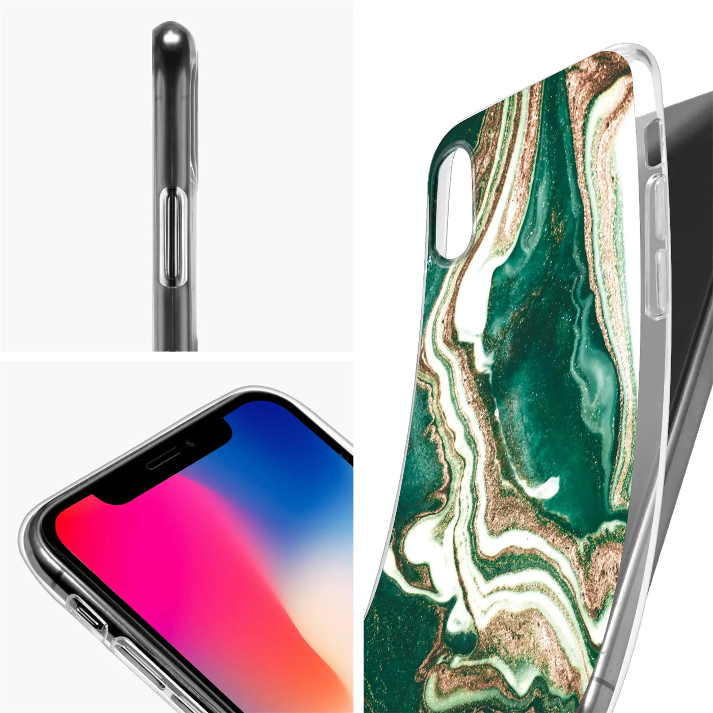 iPhone X/XS Hülle, Marmor-Design, grün/gold, klare Perspektive