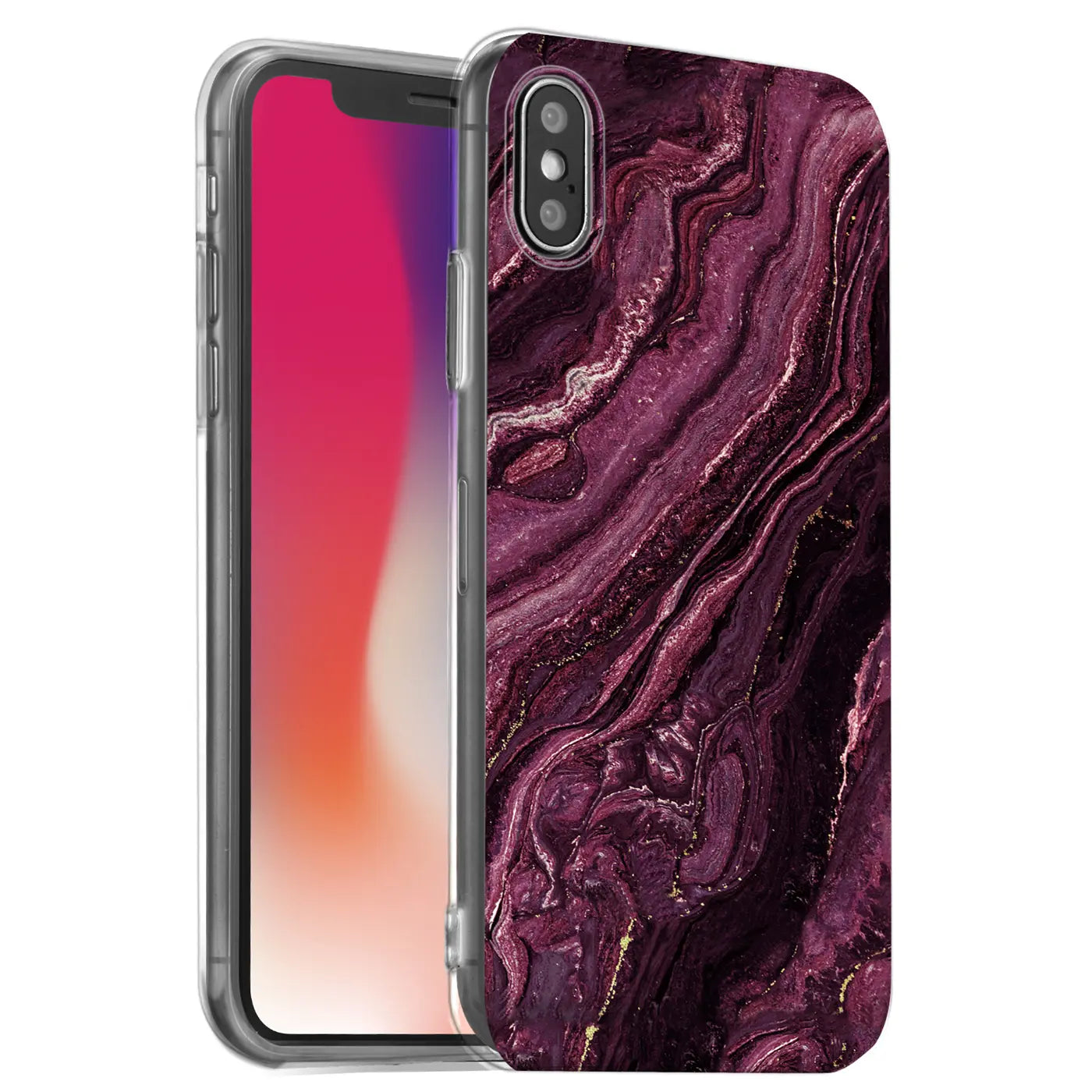 iPhone X/XS Hülle, lila Marmor-Design, klare Rückseite, von vorne links