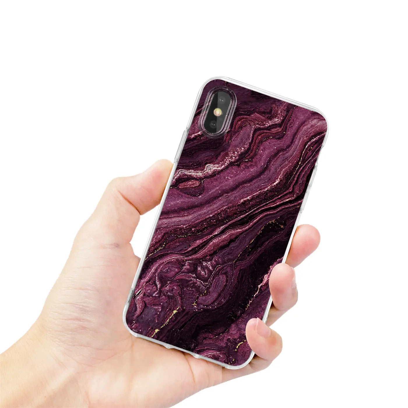 Hand hält iPhone X/XS mit lila Marmor-Hülle, von oben rechts.
