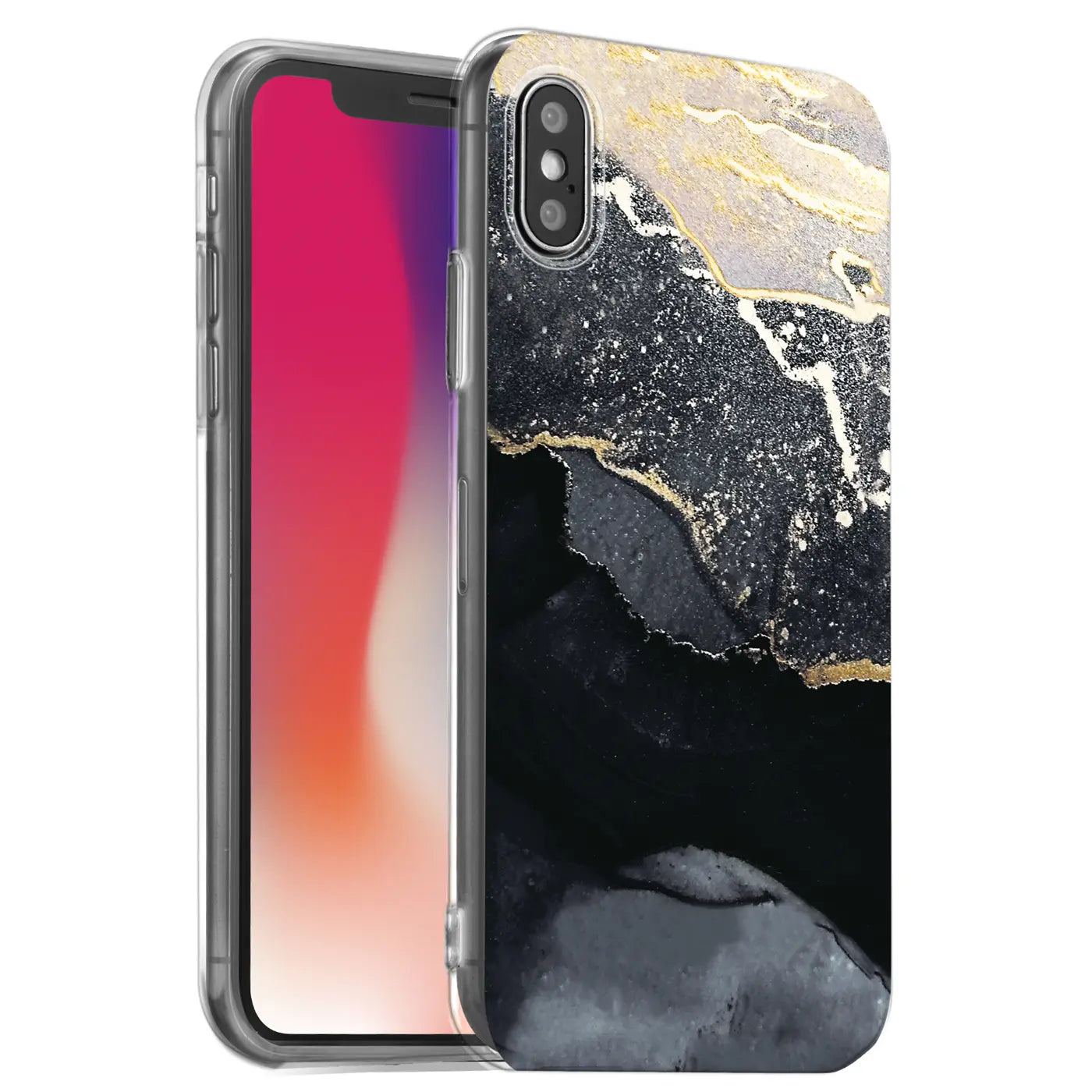 iPhone X/XS Hülle, Marmor-Sand-Design, Schwarz/Gold, Kunststoff, Seitenansicht