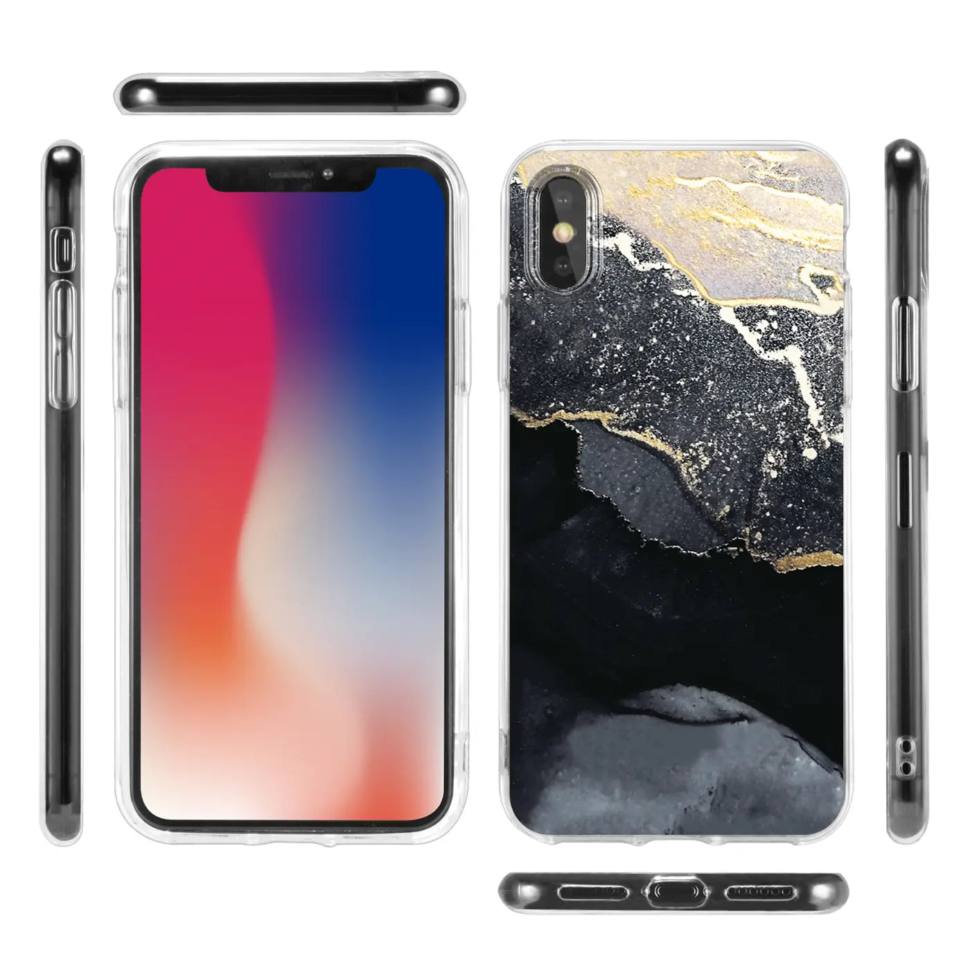 iPhone X/XS Hülle, Marmor- & Sand-Design, Schwarz/Gold, Transparent, verschiedene Ansichten