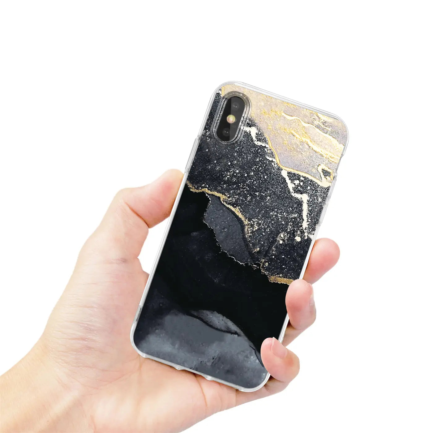 iPhone X/XS Hülle mit Marmor-Sand-Design, schwarz/gold, von vorne gehalten