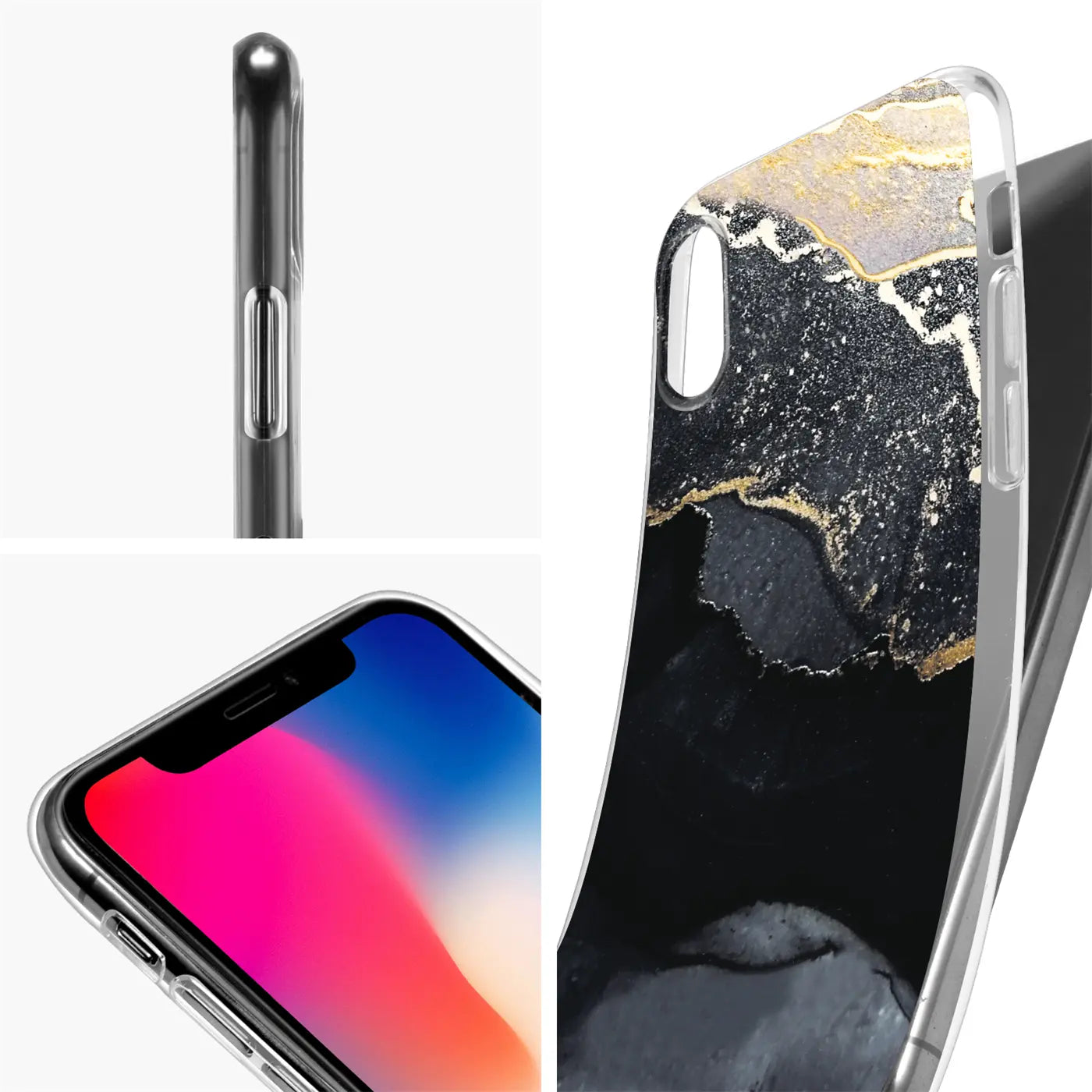 iPhone X/XS Hülle, Marmor-Design, transparent, von der Seite und von vorne