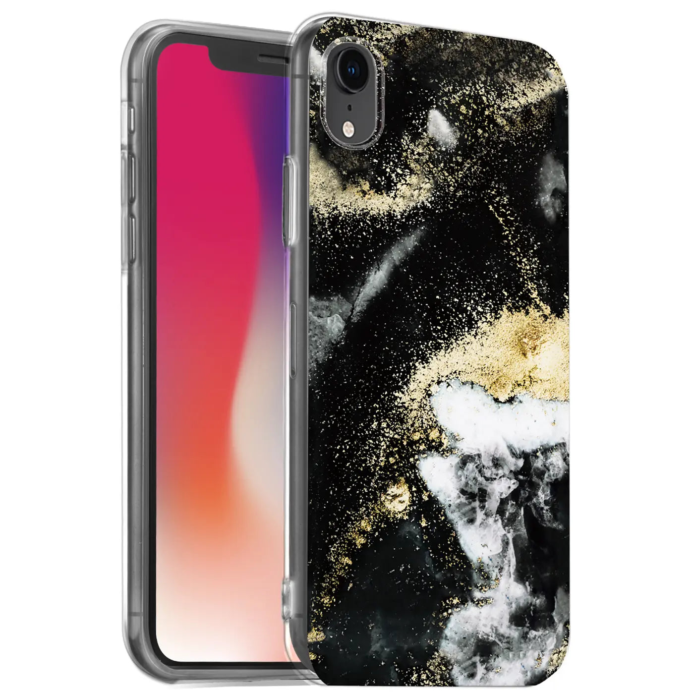 iPhone XR Hülle, schwarz/weiß/gold Marmor-Design, Kunststoff, Seitenansicht