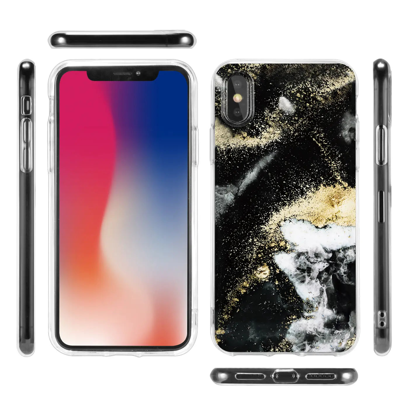 iPhone XR Hülle, Marmor/Sand-Design, schwarz/gold/weiß, Kunststoff, Vorder- und Rückansicht