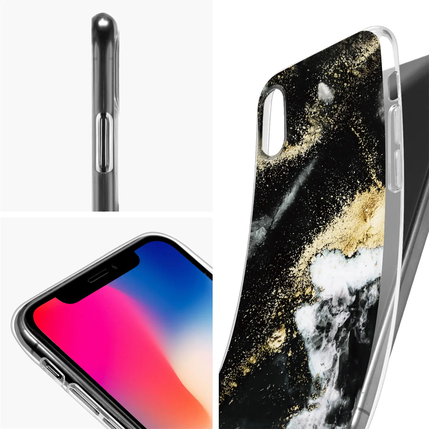 iPhone XR Hülle mit Marmor- & Sanddesign, schwarz/gold, aus Kunststoff, Seitenansicht und Vorderansicht.