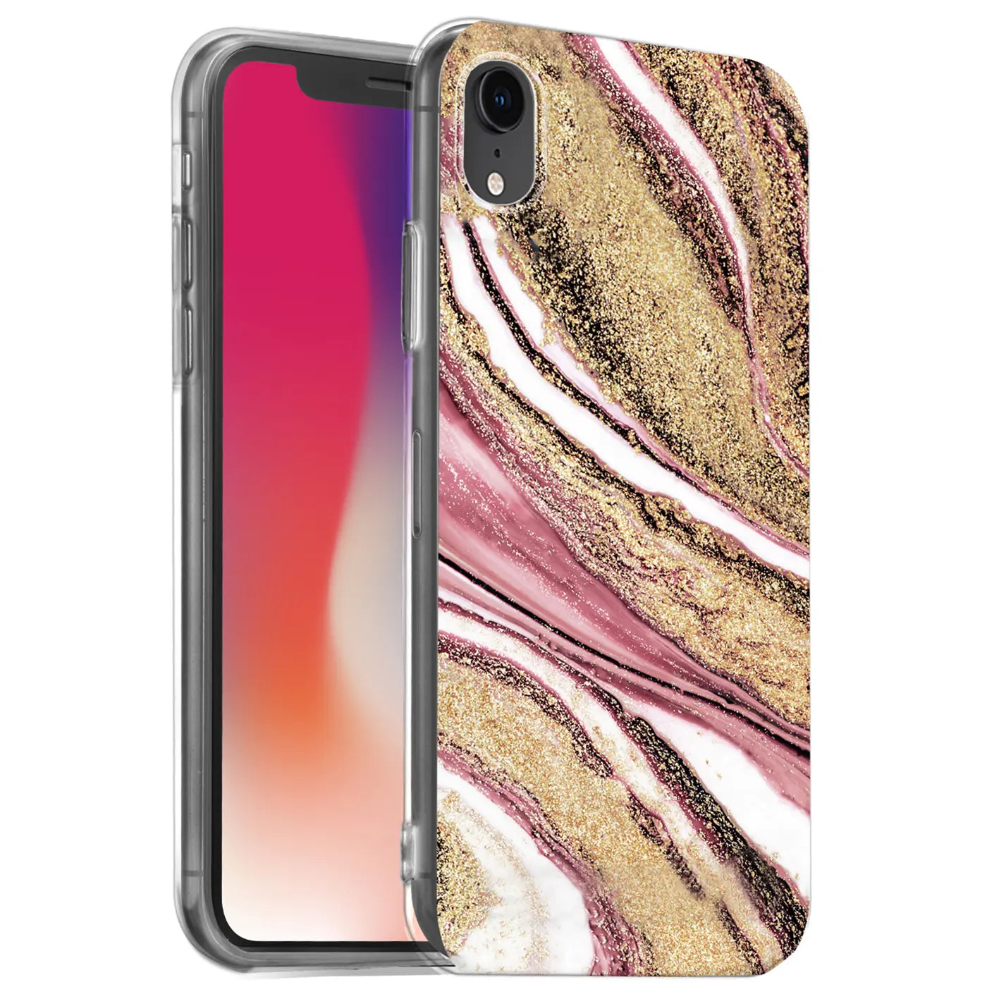 iPhone XR Hülle mit Marmor- & Sanddesign, rosa/gold, von vorne, aus Kunststoff.