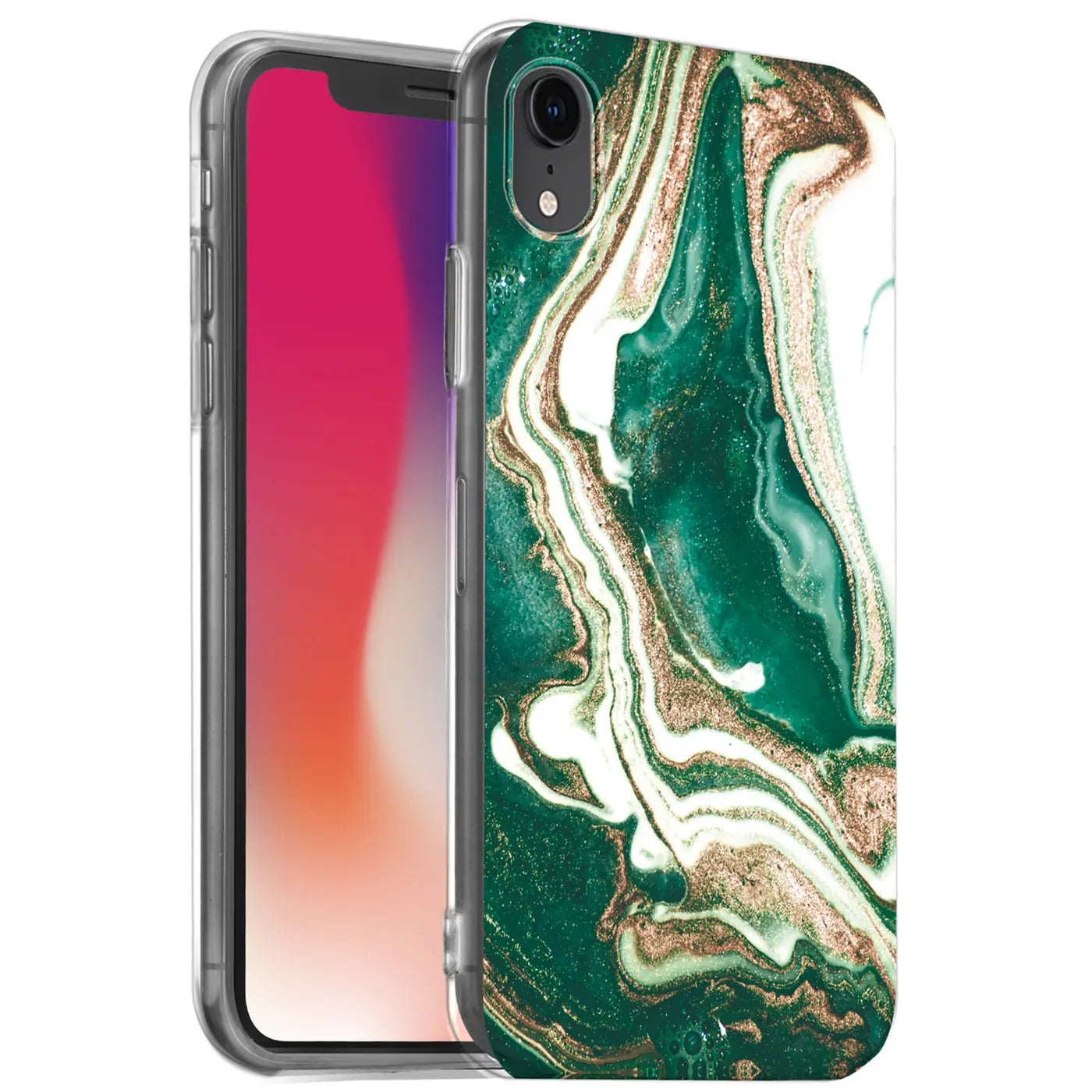 iPhone XR Hülle, grün/weiß/gold Marmordesign, von vorne schräg