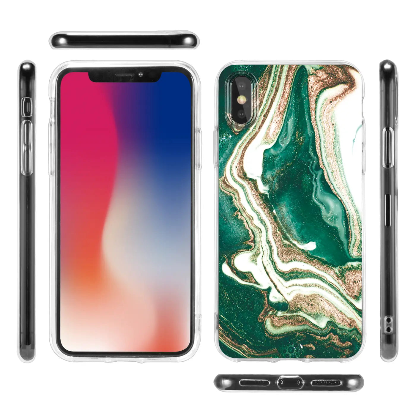 iPhone XR Hülle, grün-gold Marmor-Design, klare Seiten, Vorder- und Rückansicht