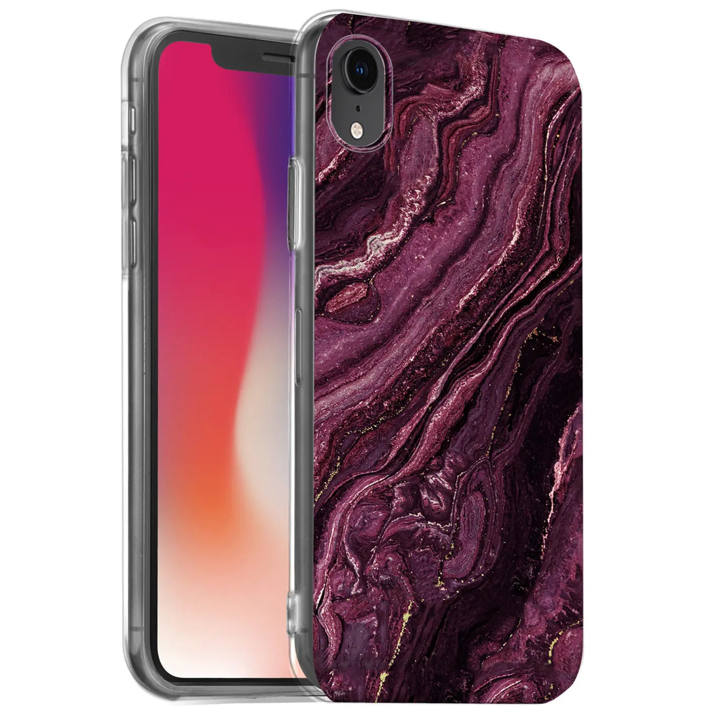 iPhone XR Hülle, lila Marmor-Design, von vorne/seitlich, mit transparentem Rahmen