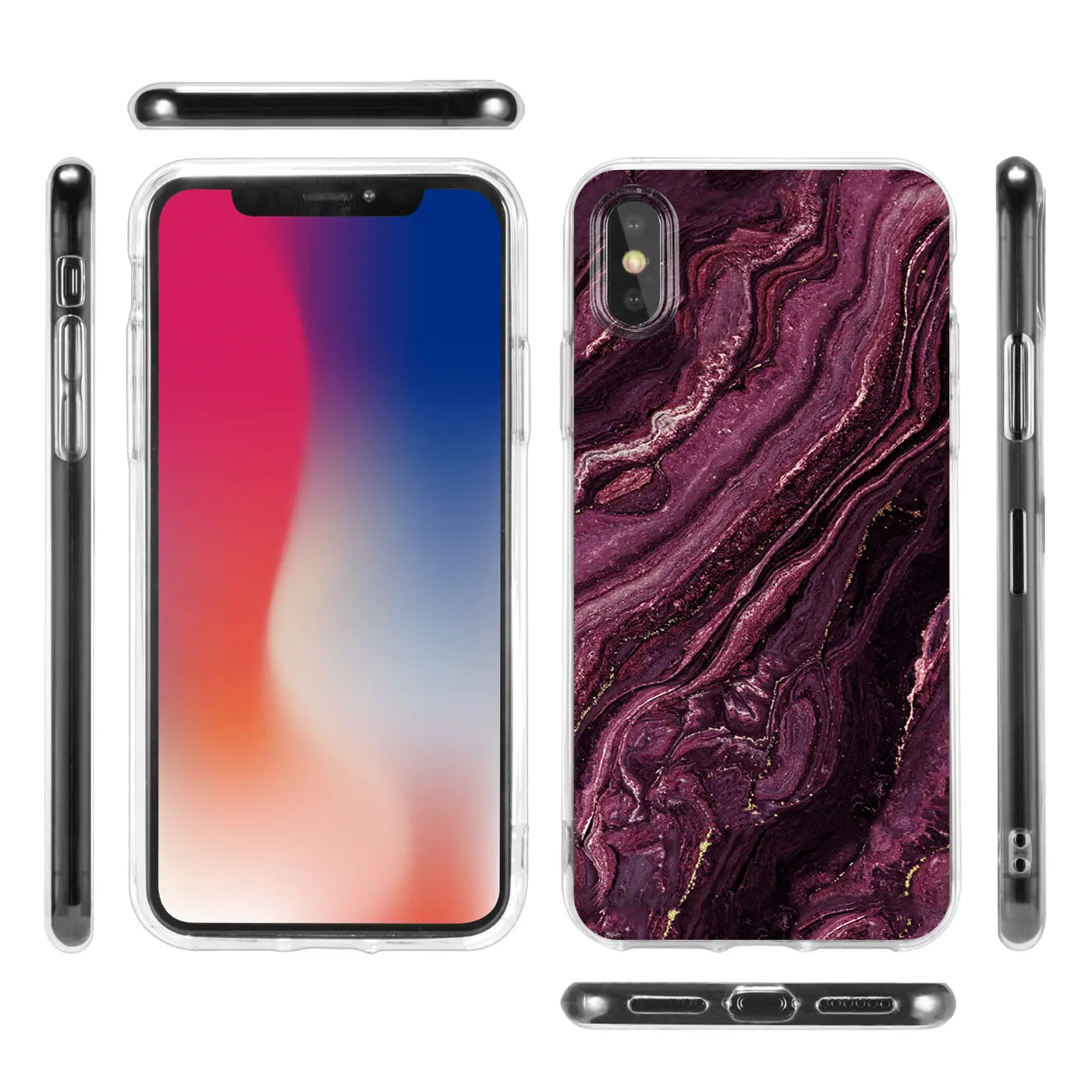 iPhone XR Hülle, lila Marmor-Design, klare Seiten, Vorder- und Rückansicht