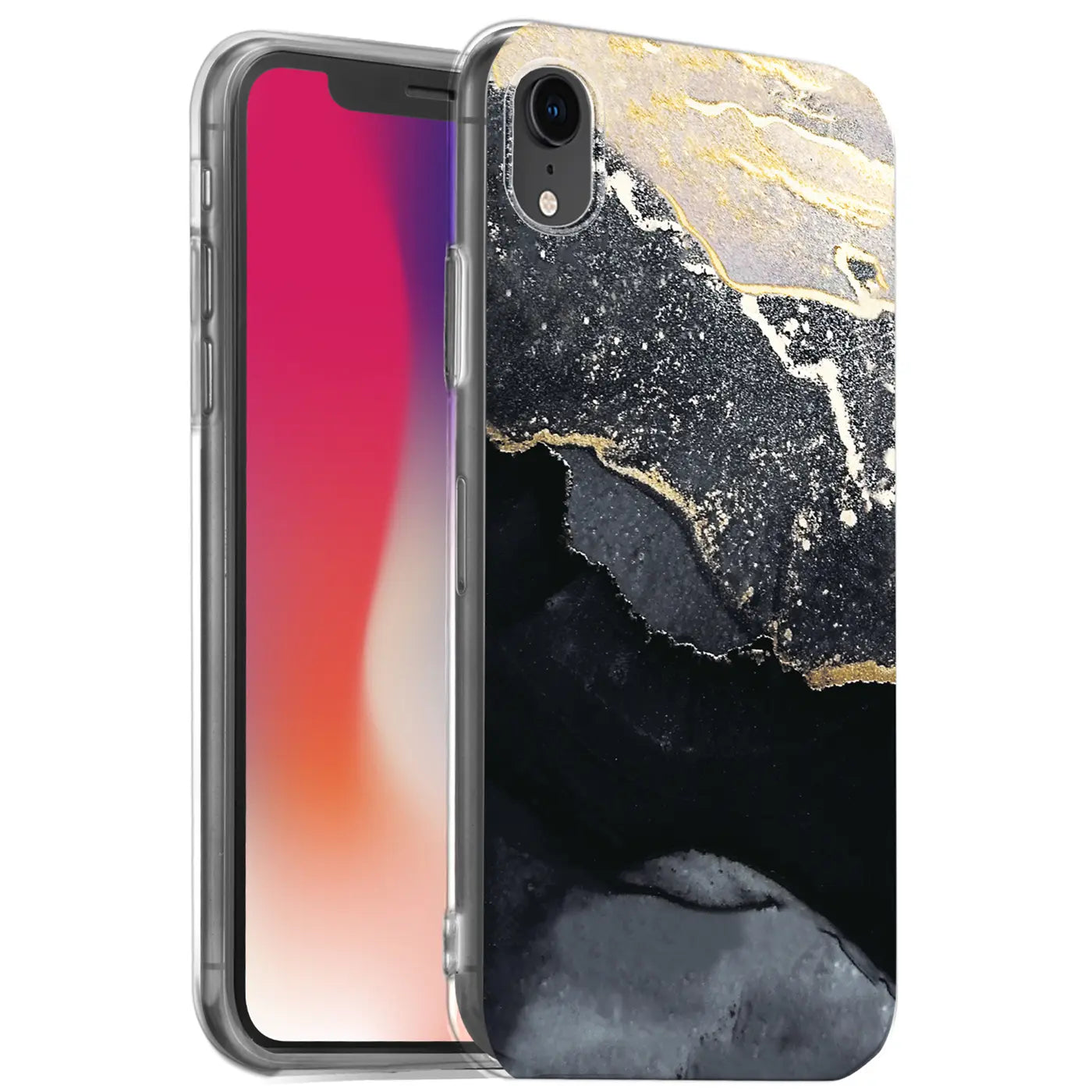 iPhone XR Hülle, Marmor-Design, Schwarz/Gold, Kunststoff, Seitenansicht