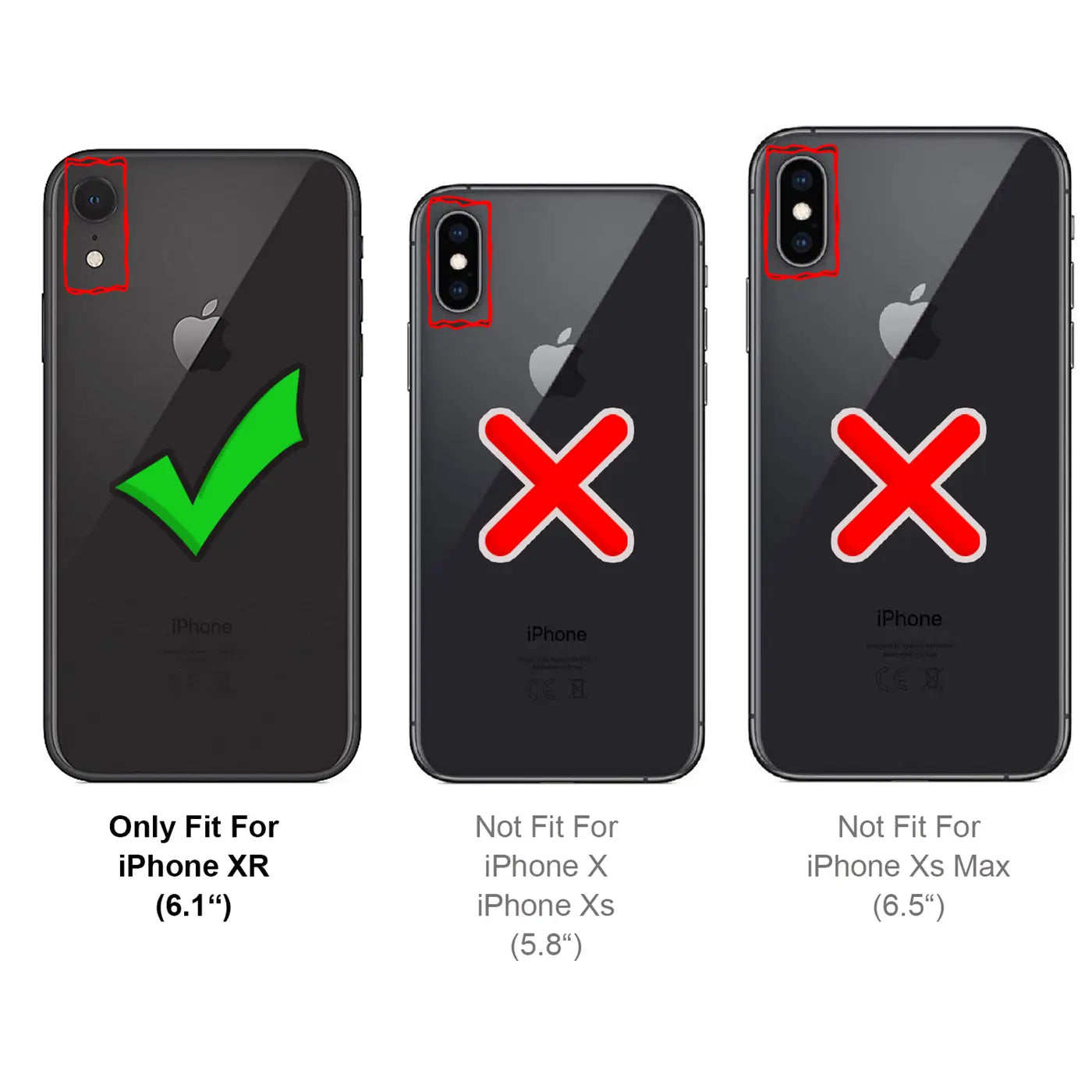 Drei iPhones, Rückansicht. iPhone XR mit Häkchen, iPhone X/Xs & Xs Max mit Kreuzen.