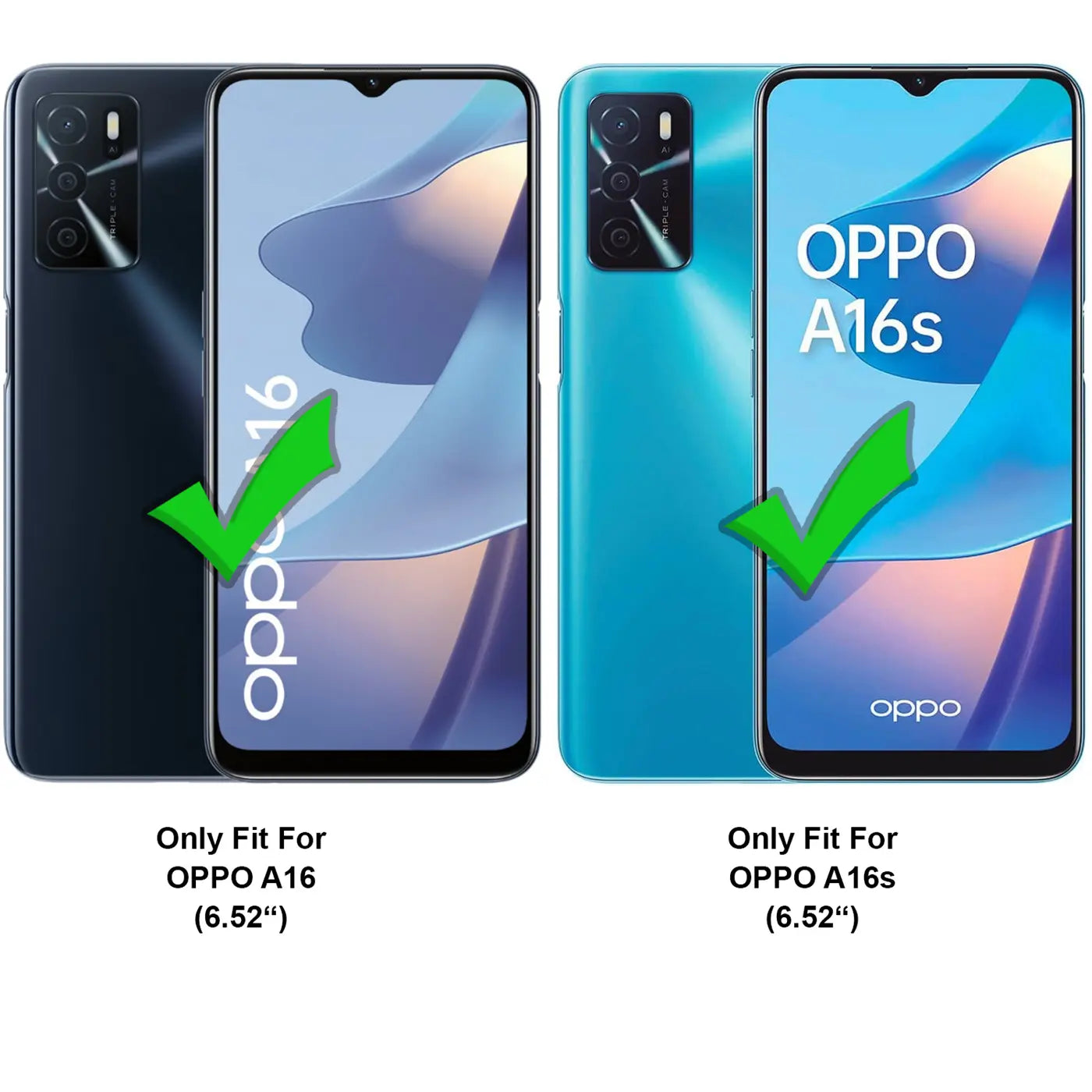 Zwei OPPO A16/A16s Handys, dunkelblau und türkis, Rückansicht.