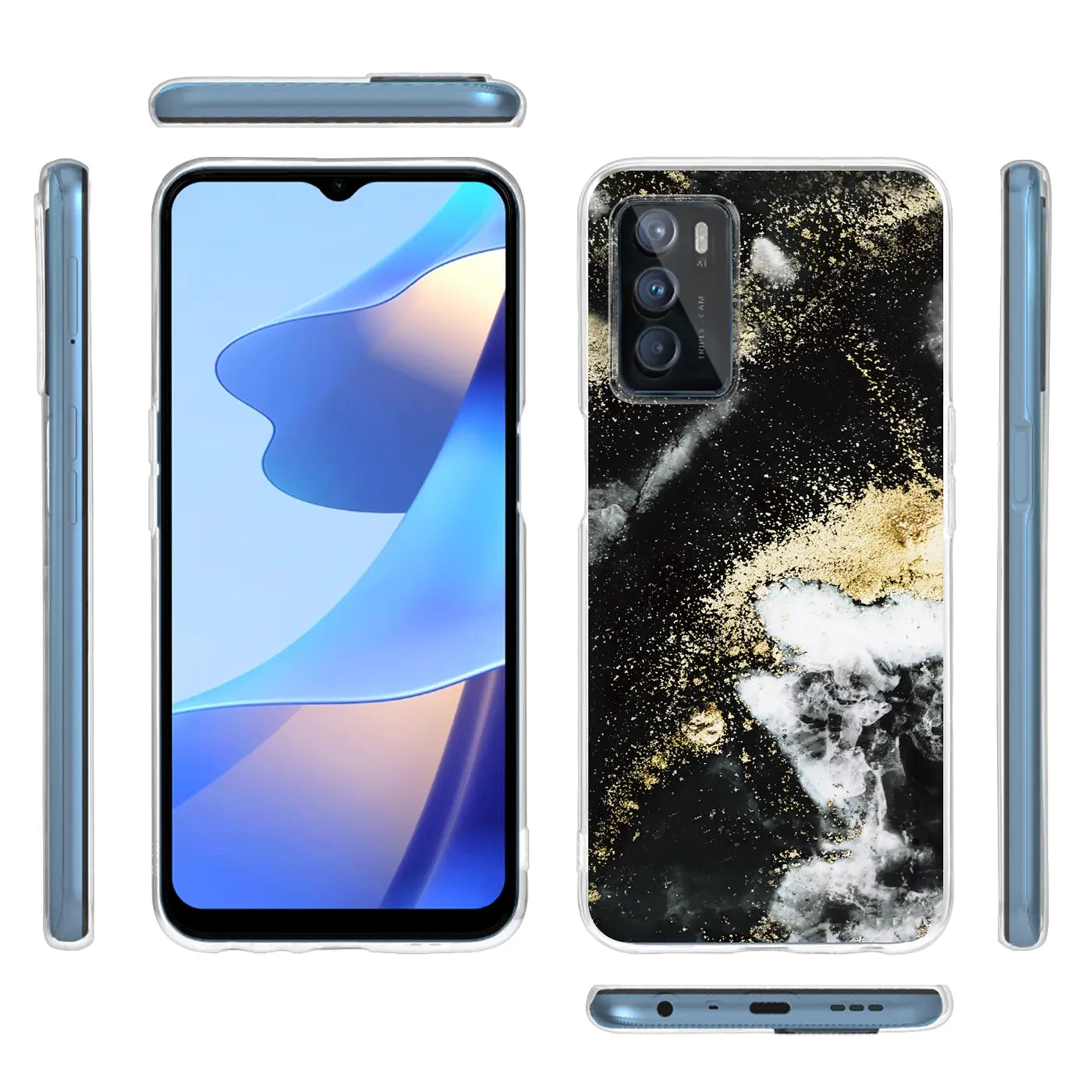 OPPO A16/A16s Hülle, Marmor & Sand Design, schwarz/gold/weiß, TPU, verschiedene Ansichten