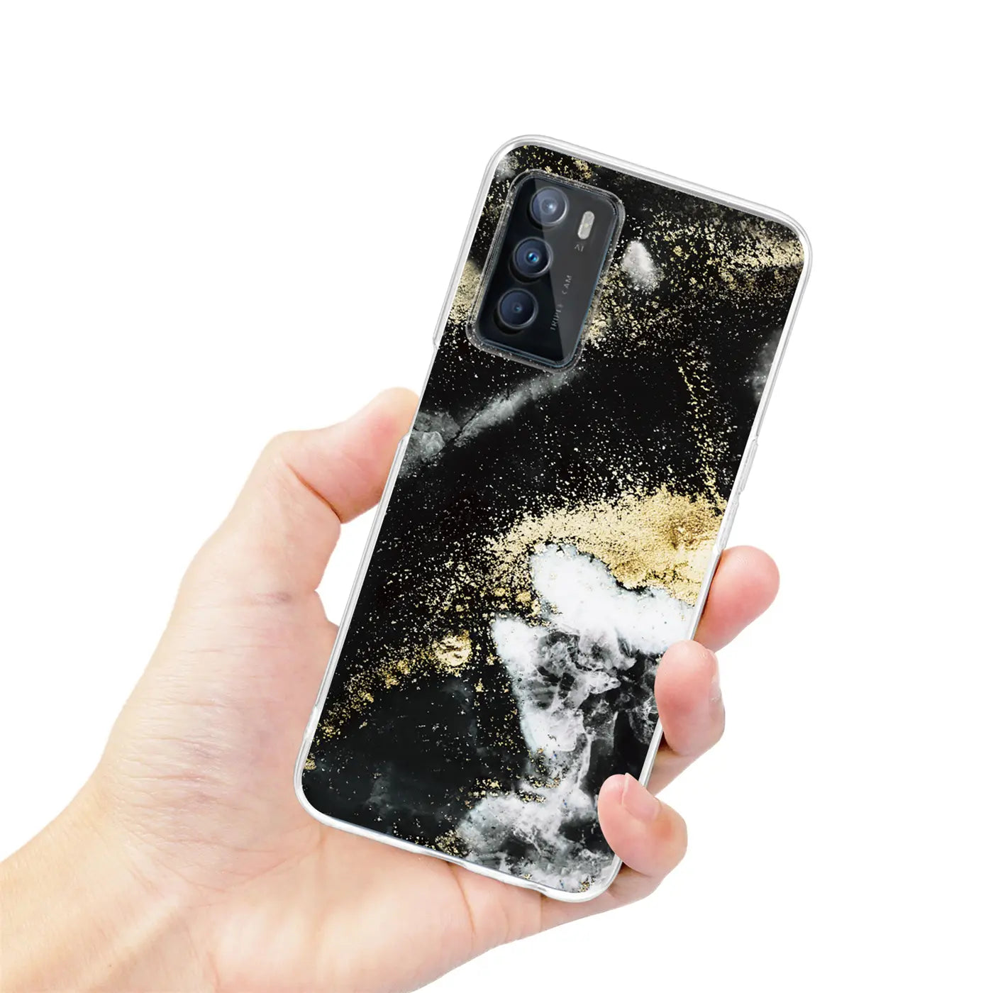 Hand hält OPPO A16/A16s mit schwarzer Marmor-Hülle, Gold-Akzenten.