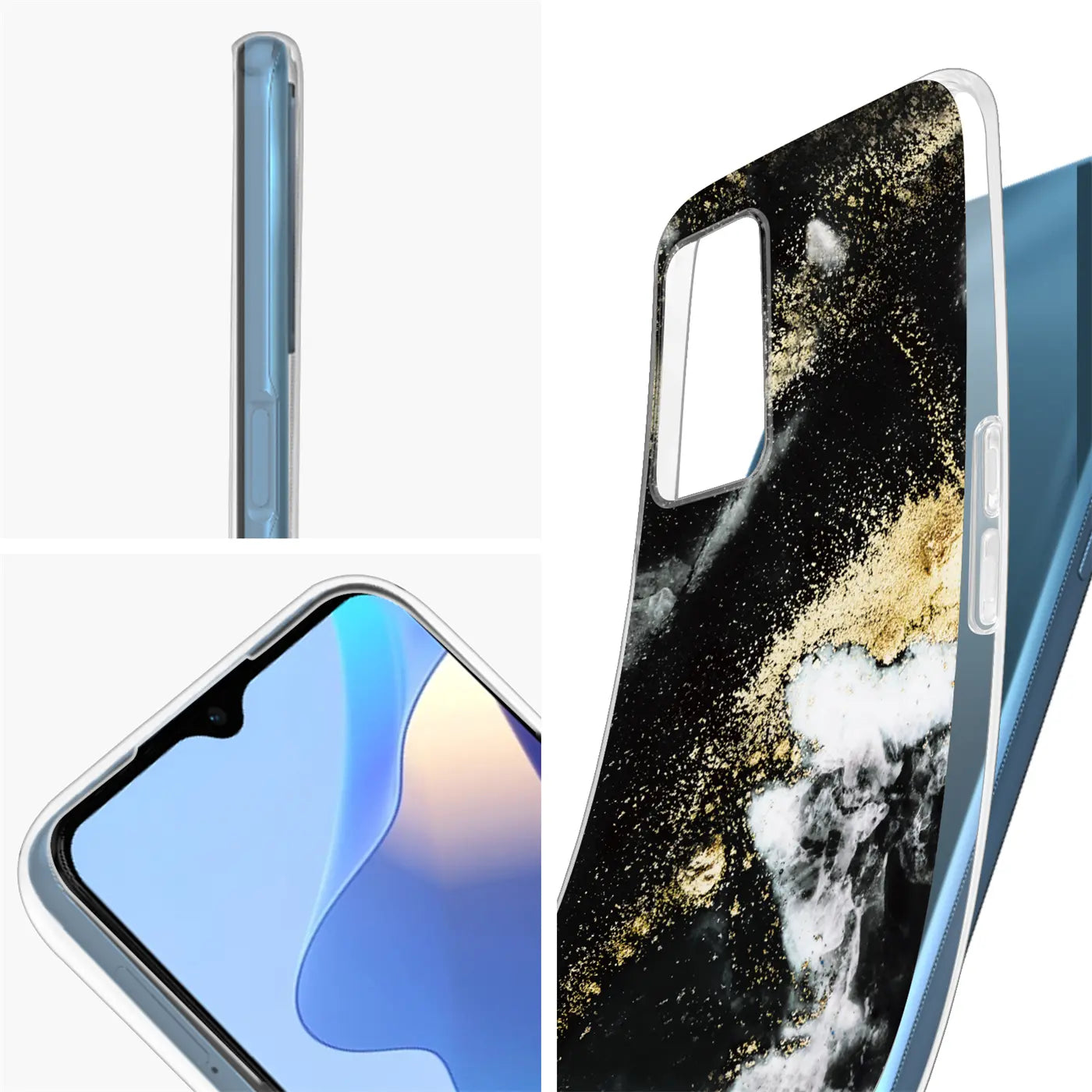OPPO A16/A16s Hülle, Marmor-Sand-Design, Schwarz/Gold, TPU, Seiten-/Frontansicht
