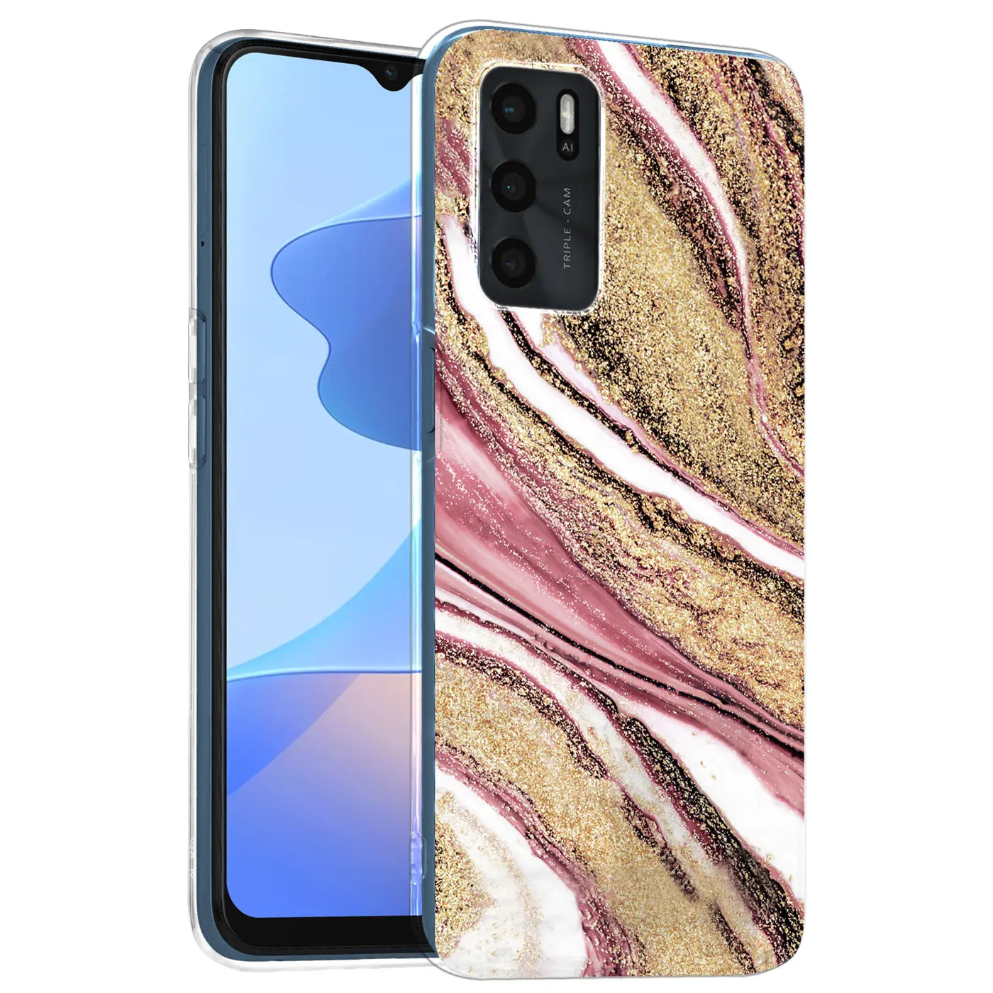 OPPO A16/A16s Hülle mit Marmor-Sand-Design, rosa/gold, von vorne, Kunststoff.