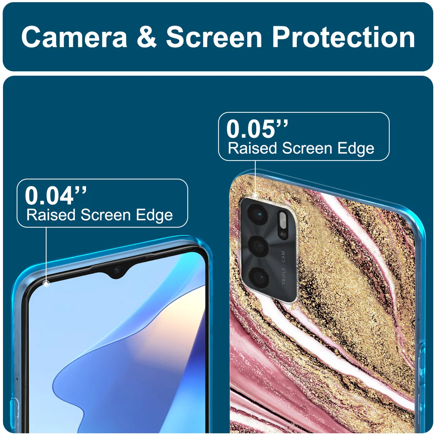 OPPO A16/A16s Hülle, Marmor-Design, Rosa/Gold, Rückansicht, Nahaufnahme.