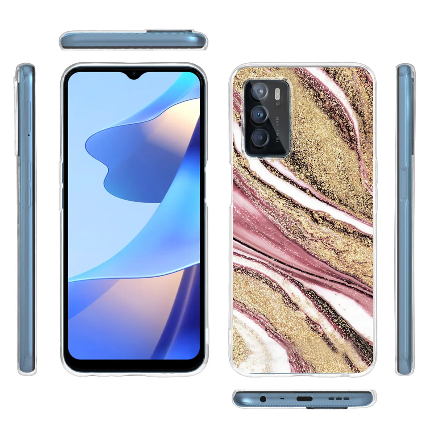 OPPO A16/A16s Hülle, Marmor-Sand-Design, transparent, von vorn, Seite, oben, unten