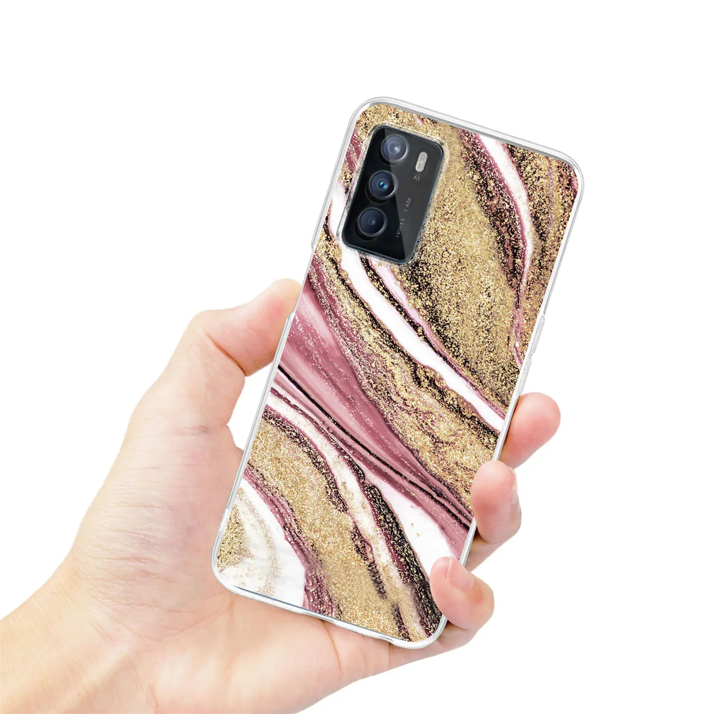 Hand hält OPPO A16/A16s mit Marmor-Sand-Hülle, Nahaufnahme, Rosa, Gold, Weiß