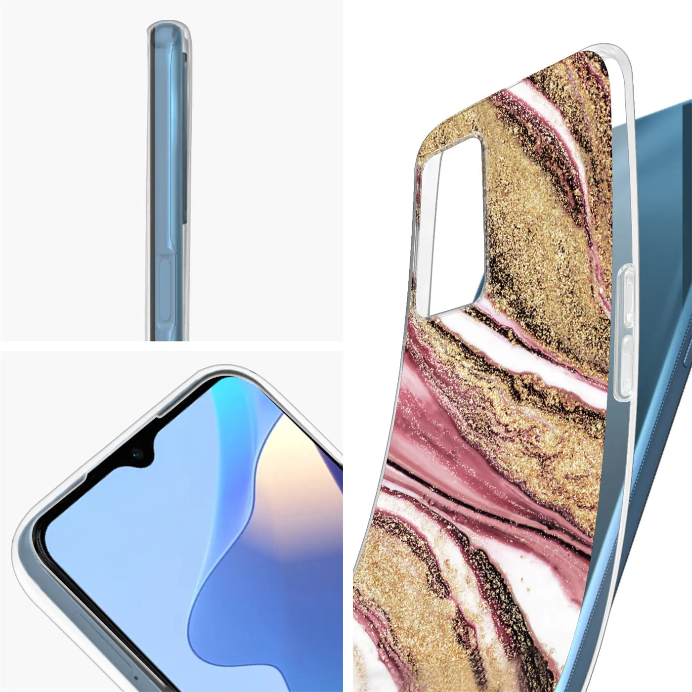 OPPO A16/A16s Hülle, Marmor-Sand-Design, Rosa/Gold, von schräg oben, transparentes Material