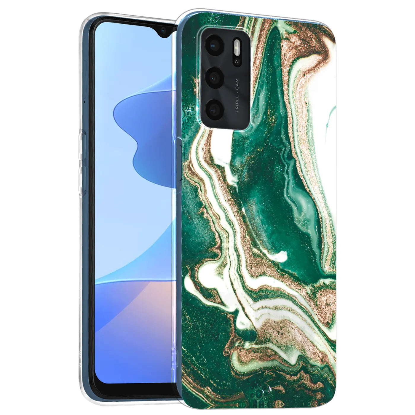 OPPO A16/A16s Hülle mit Marmor-Muster in Grün/Gold/Weiß, von vorne links