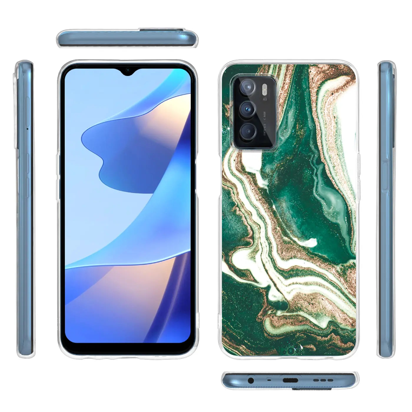 OPPO A16/A16s Hülle, Marmor-Design, grün/gold, klare Perspektive