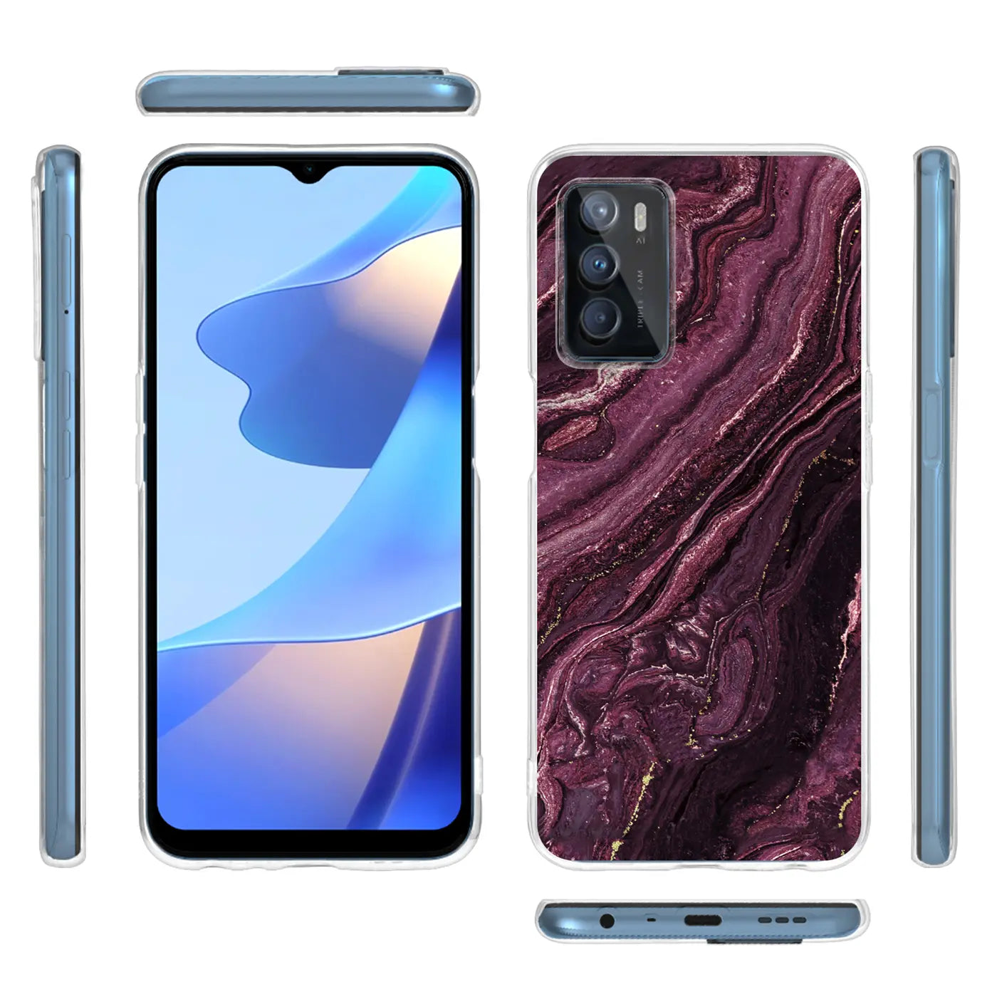 OPPO A16/A16s Hülle, Marmormuster, lila/gold, Vorder- und Rückansicht